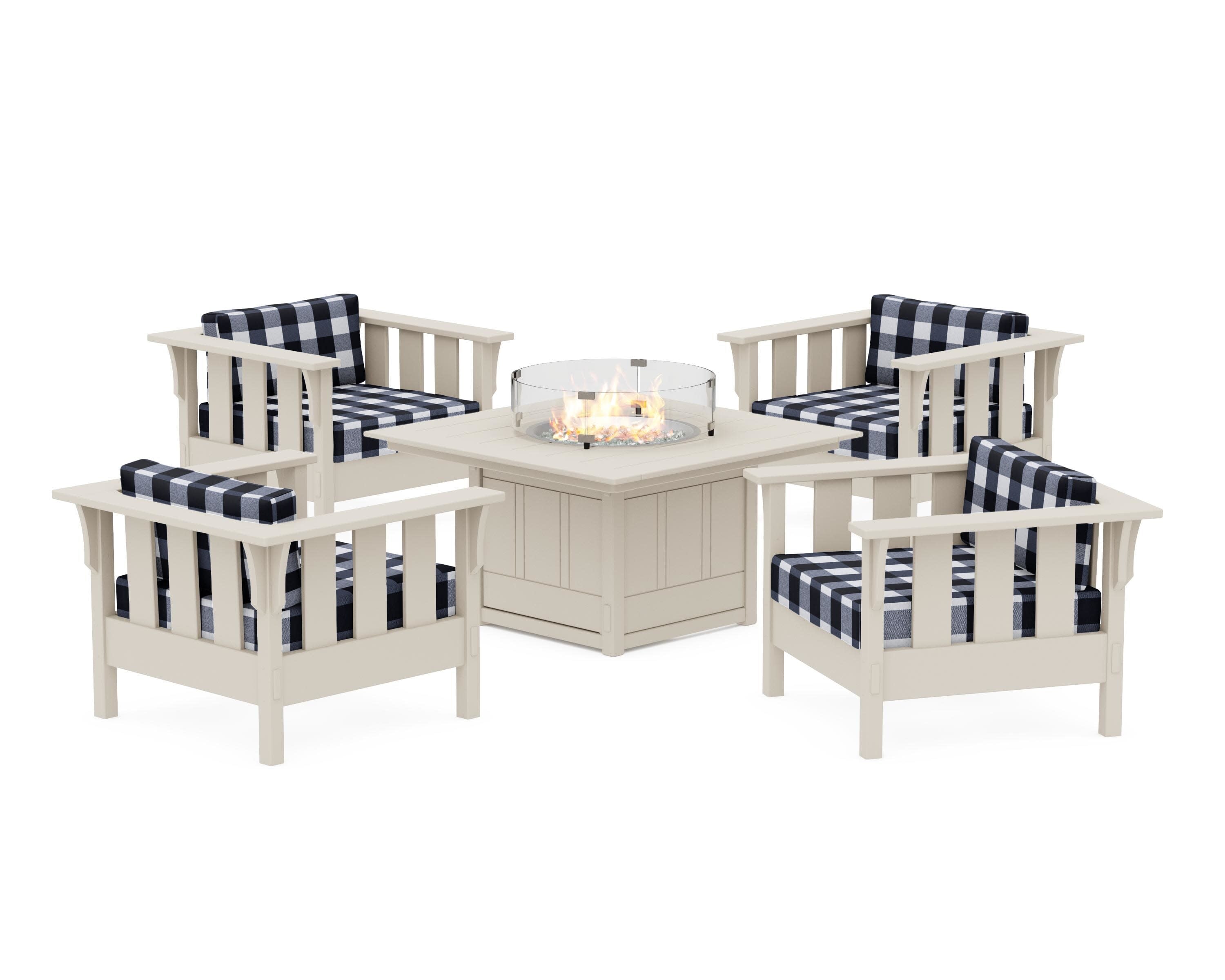 Acadia 5-Piece Deep Seating Set with Fire Pit Table in Sand / Buffalo Plaid Marine Indigo