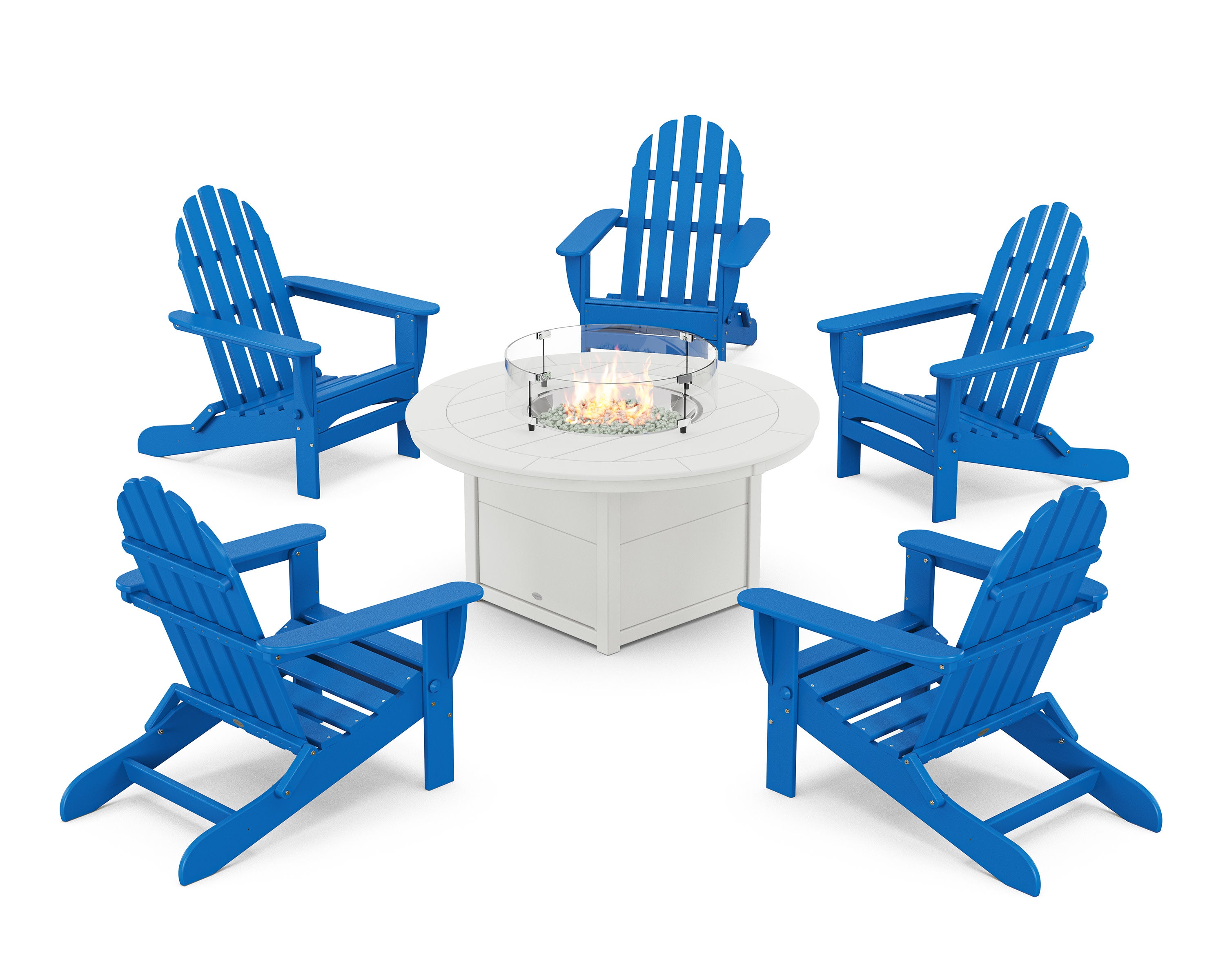 Classic Folding Adirondack 6-Piece Conversation Set with Fire Pit Table in Pacific Blue / White