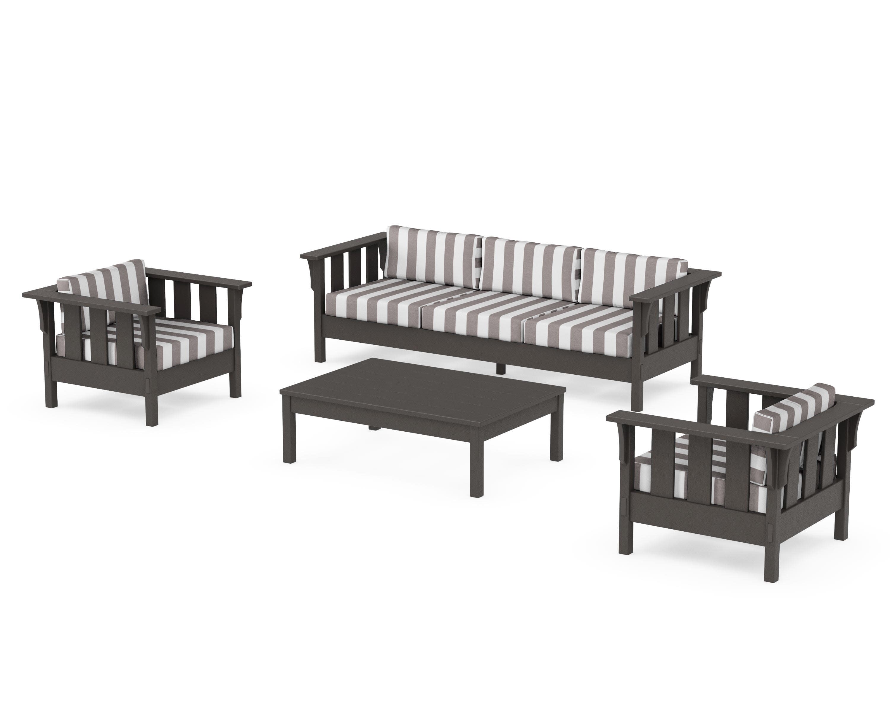 Acadia 4-Piece Deep Seating Set with Sofa in Vintage Coffee / Cabana Stripe Grey Mist