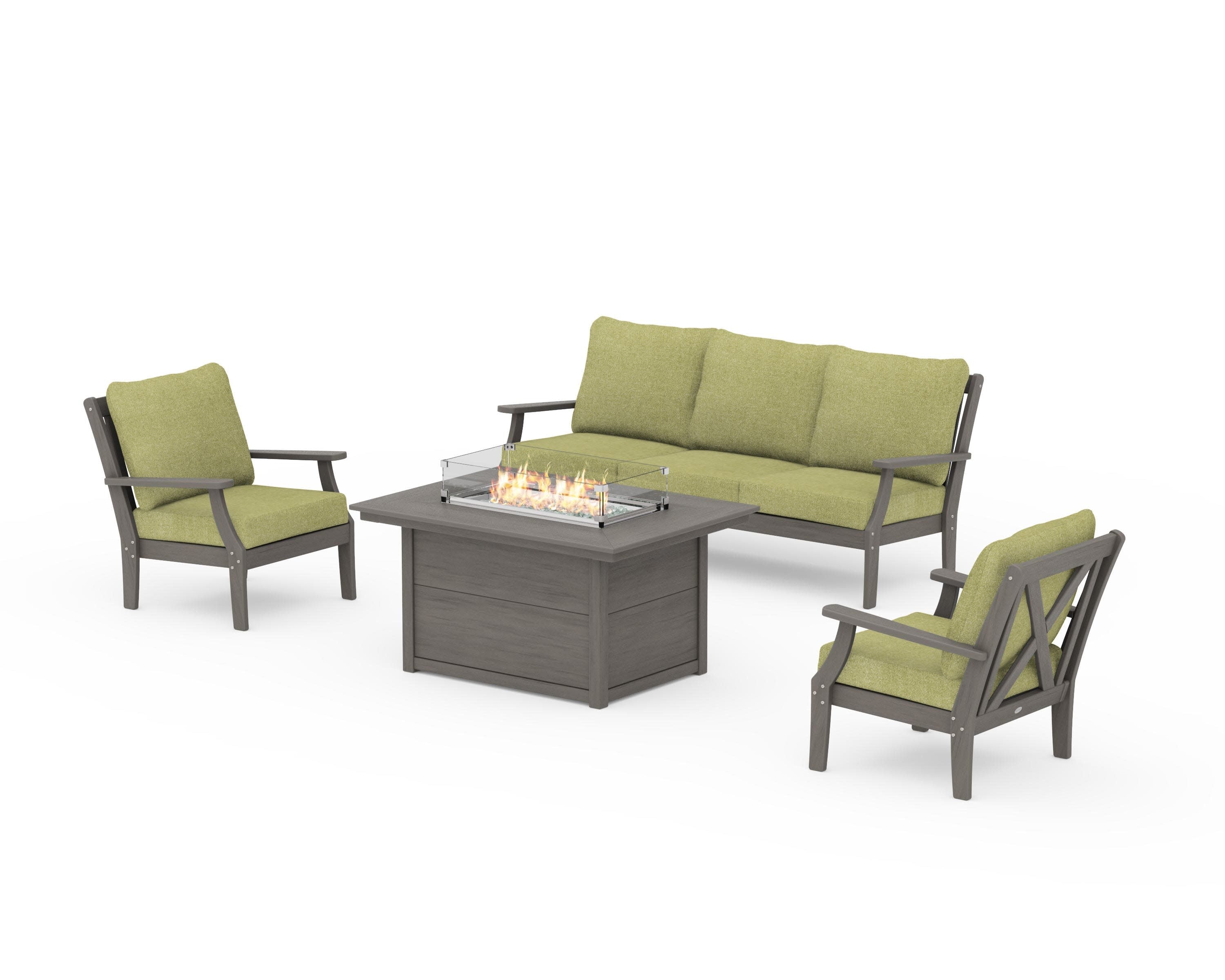 Braxton Deep Seating Fire Pit Table Set in Driftwood / Chartreuse Boucle