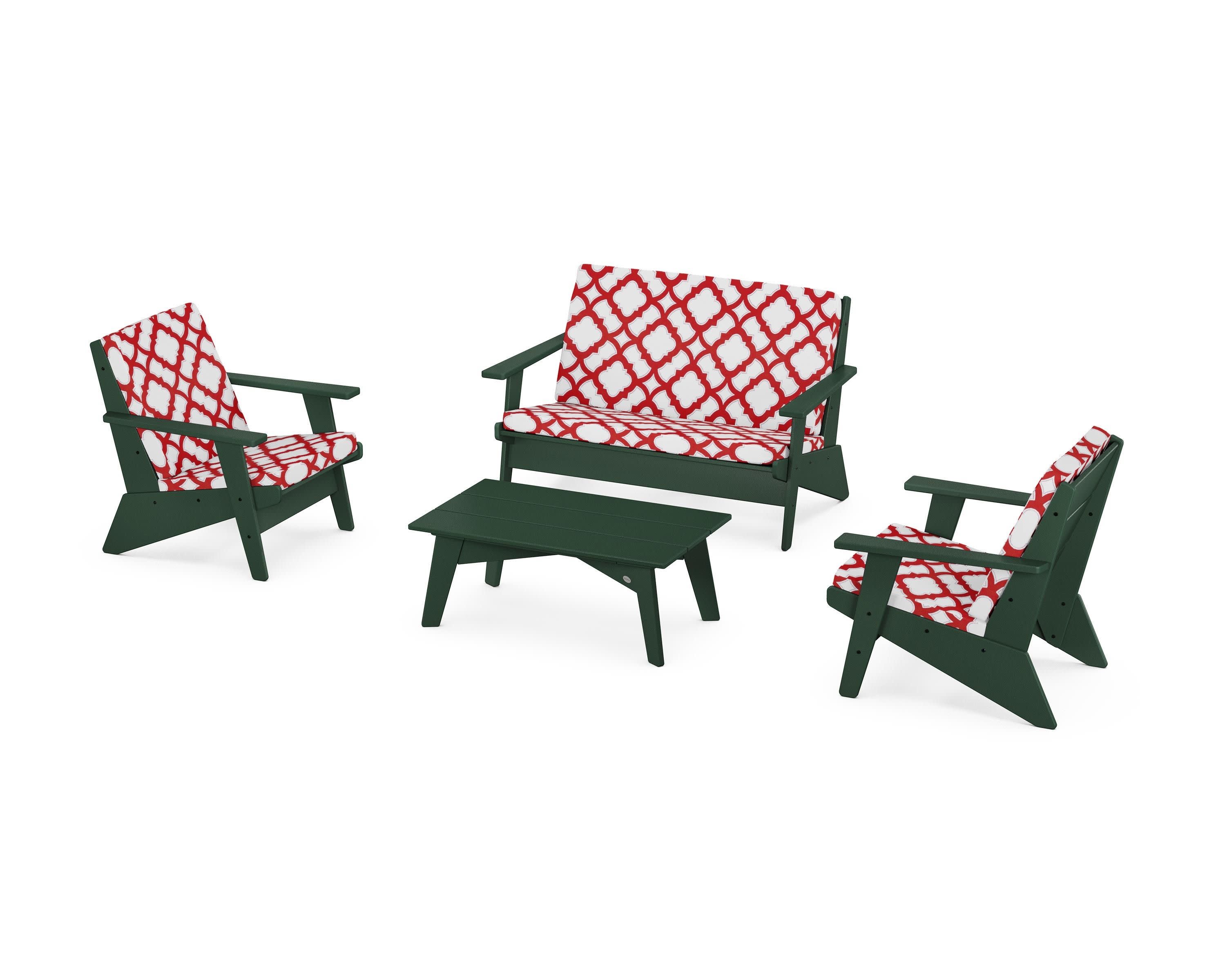 Riviera Modern Lounge 4-Piece Set in Green / Trellis Crimson