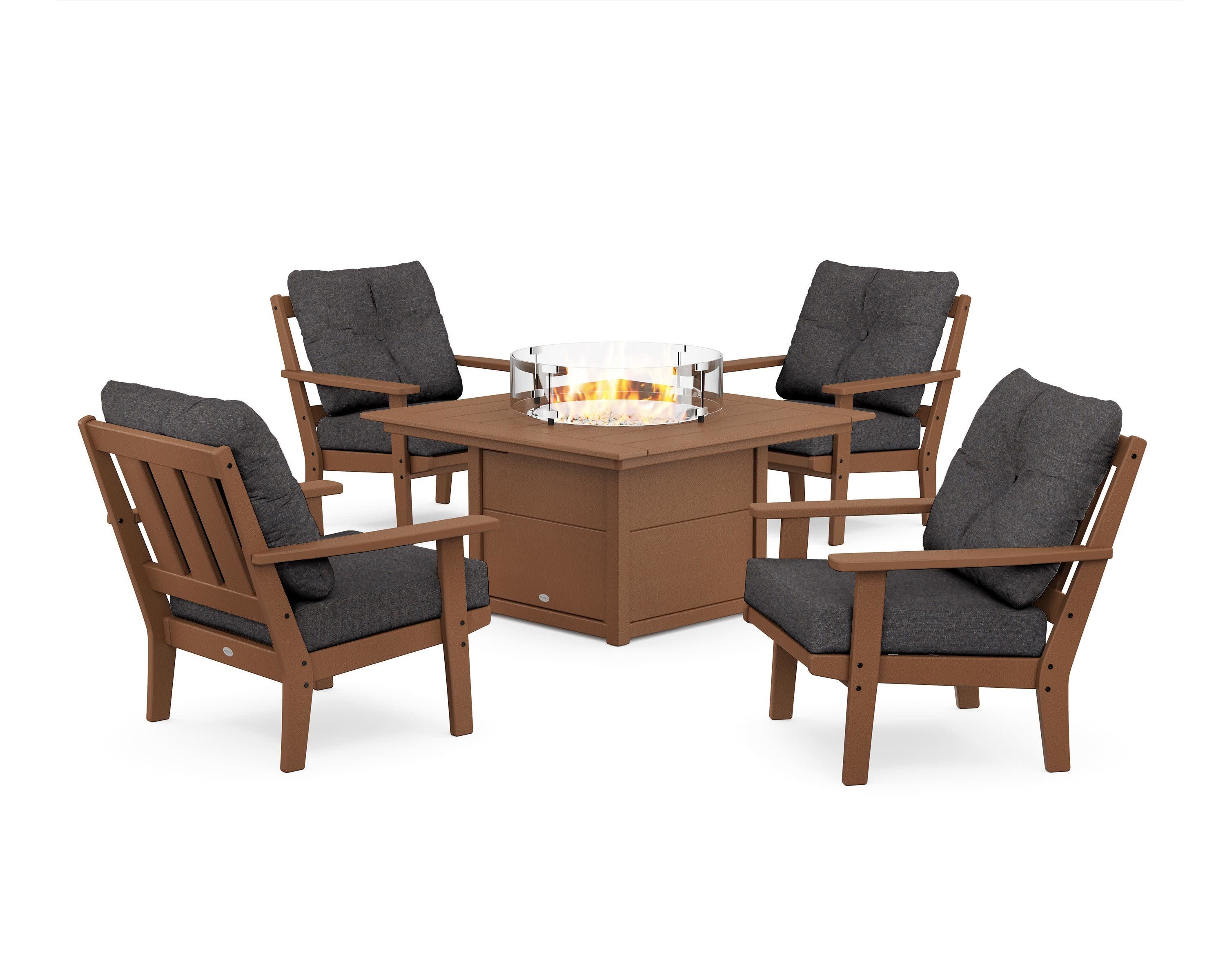 Oxford 5-Piece Deep Seating Set with Fire Pit Table in Teak / Ash Charcoal