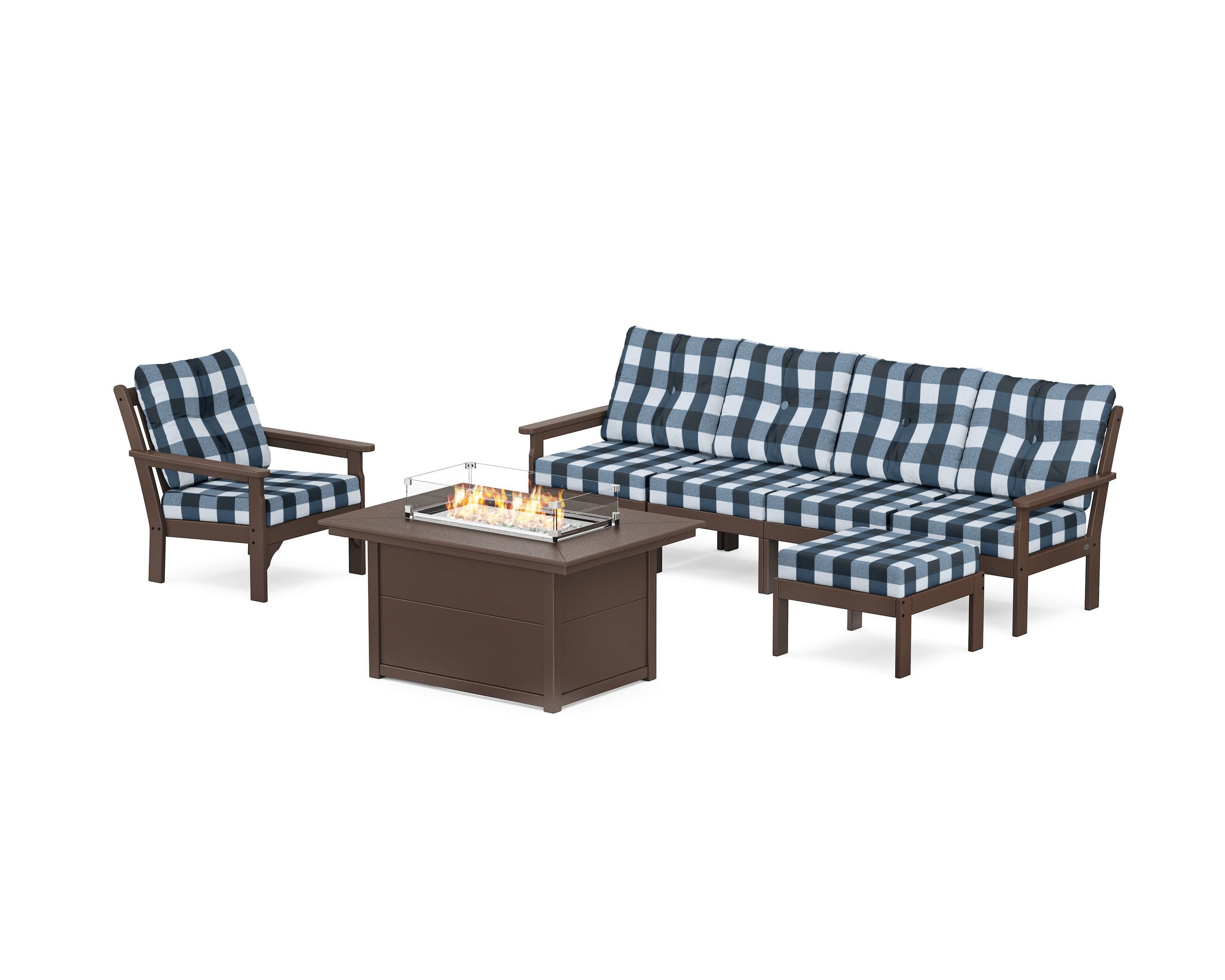 Vineyard Sectional Lounge and Fire Pit Set in Mahogany / Buffalo Plaid Marine Indigo