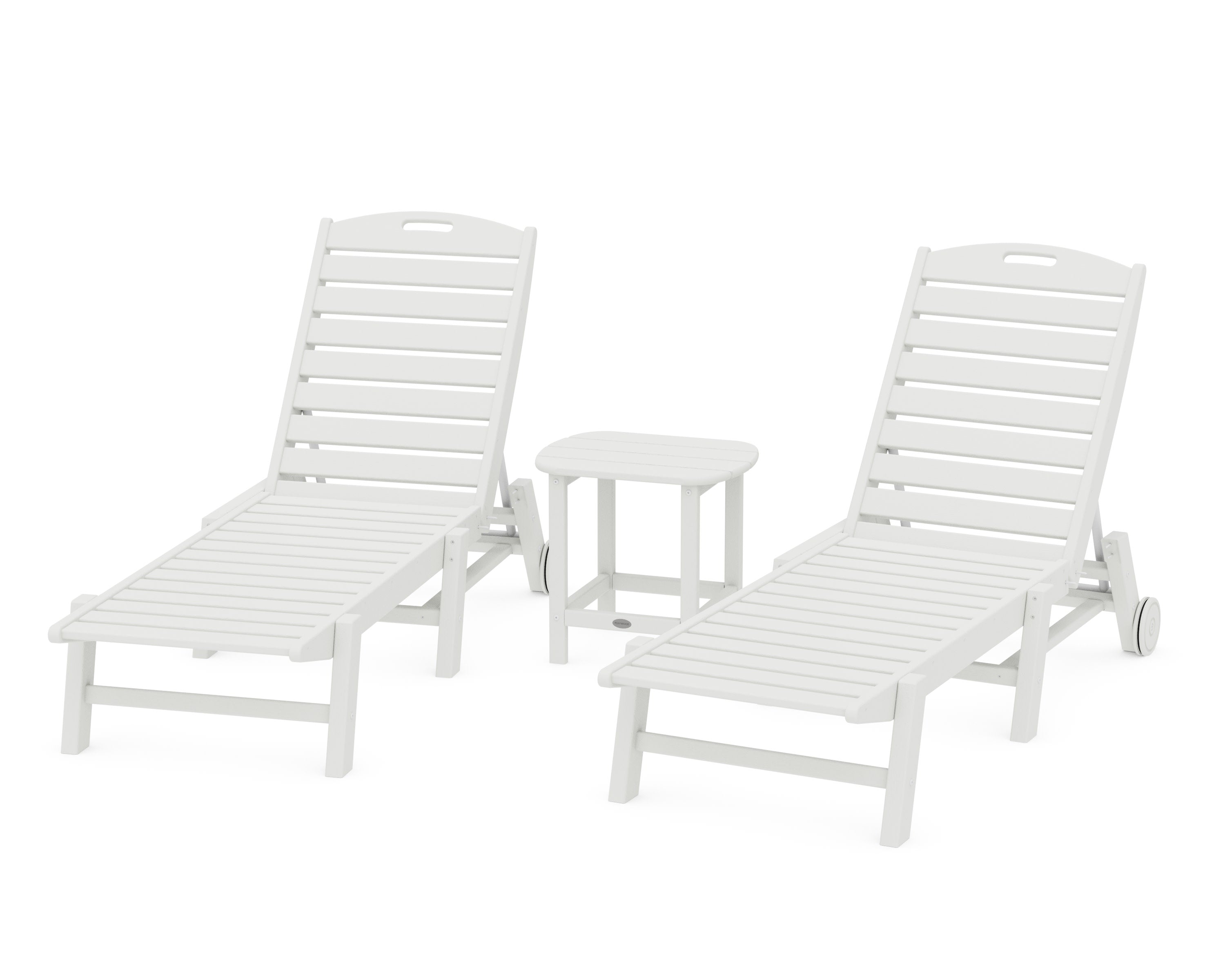 Nautical 3-Piece Chaise Lounge with Wheels Set with South Beach 18" Side Table in Vintage White
