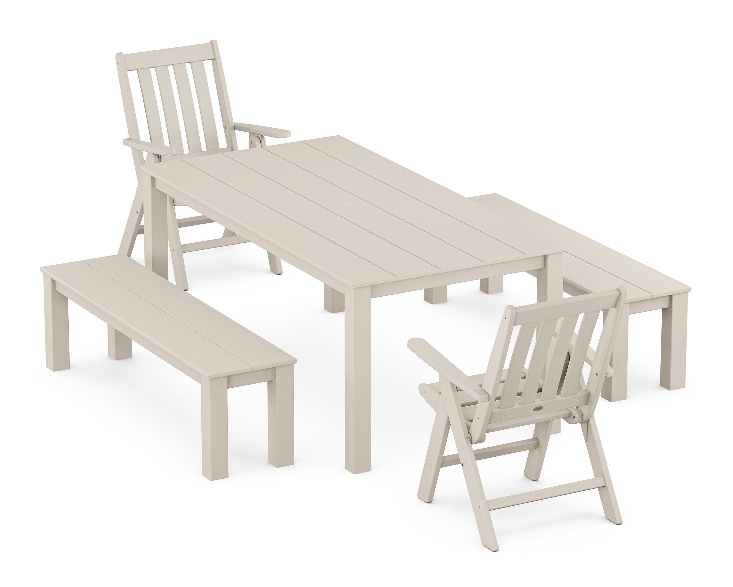 Vineyard Folding Chair 5-Piece Parsons Dining Set with Benches in Sand