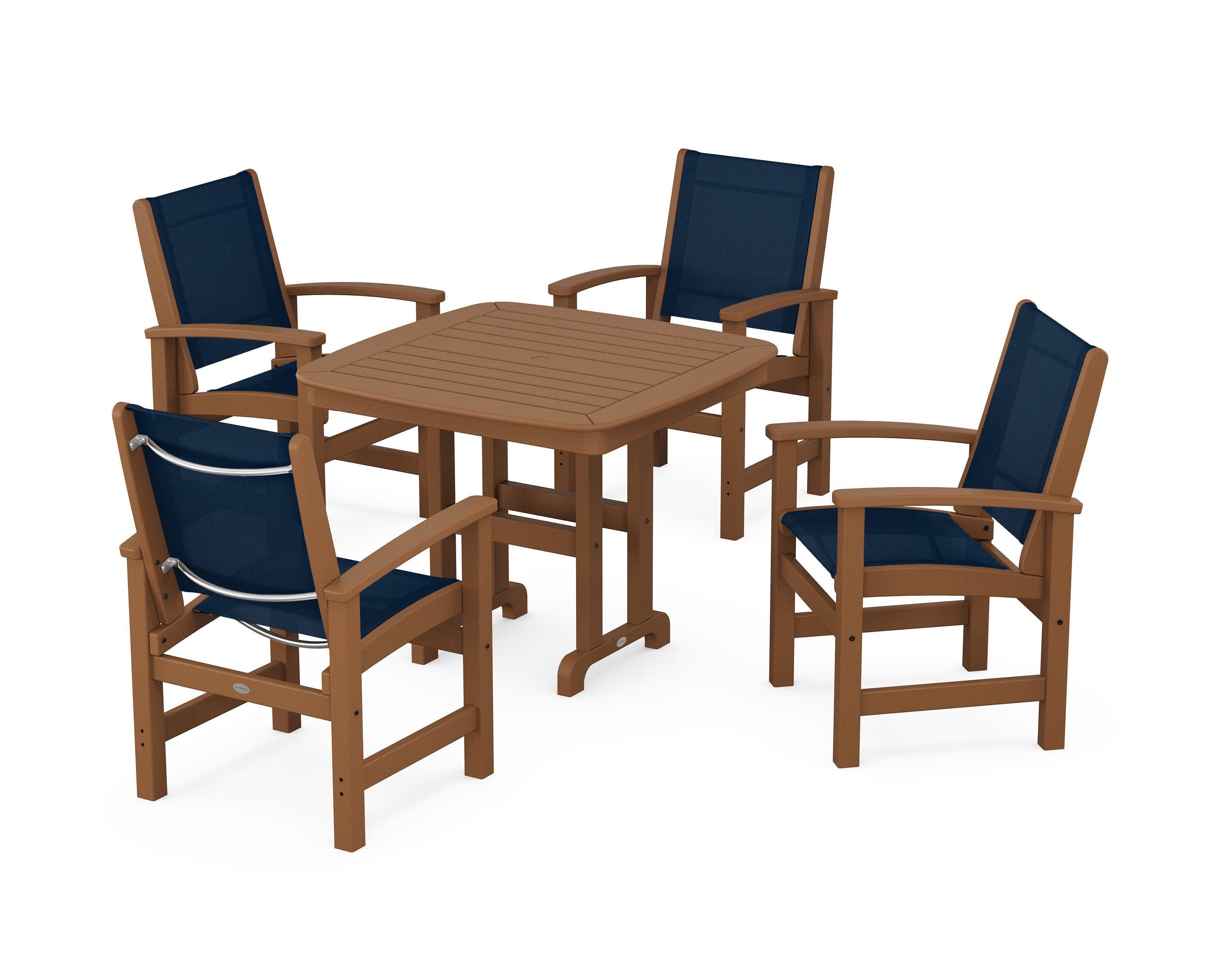 Coastal 5-Piece Dining Set in Teak / Navy Blue Sling
