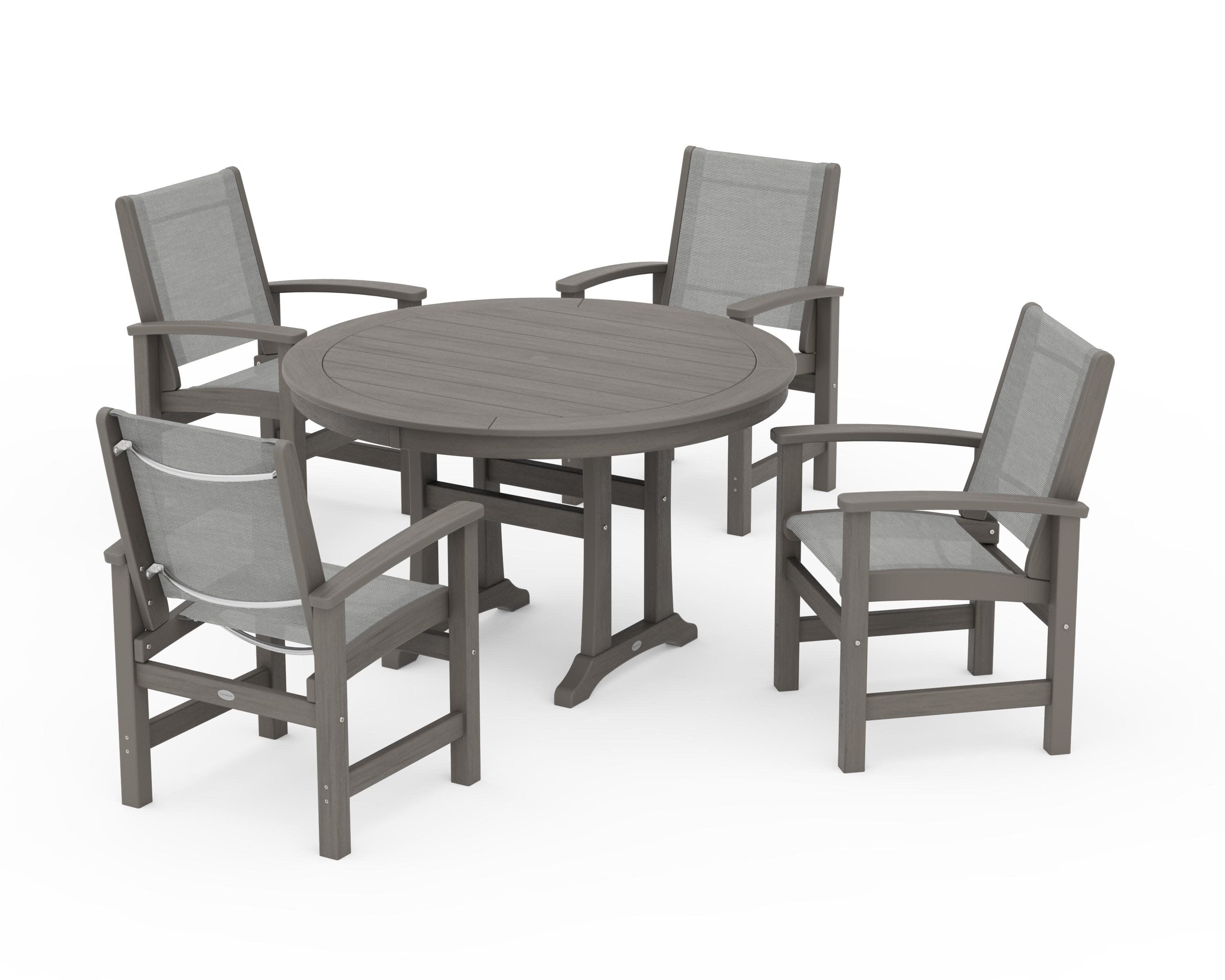 Coastal 5-Piece Round Dining Set with Trestle Legs in Driftwood / Metallic Sling