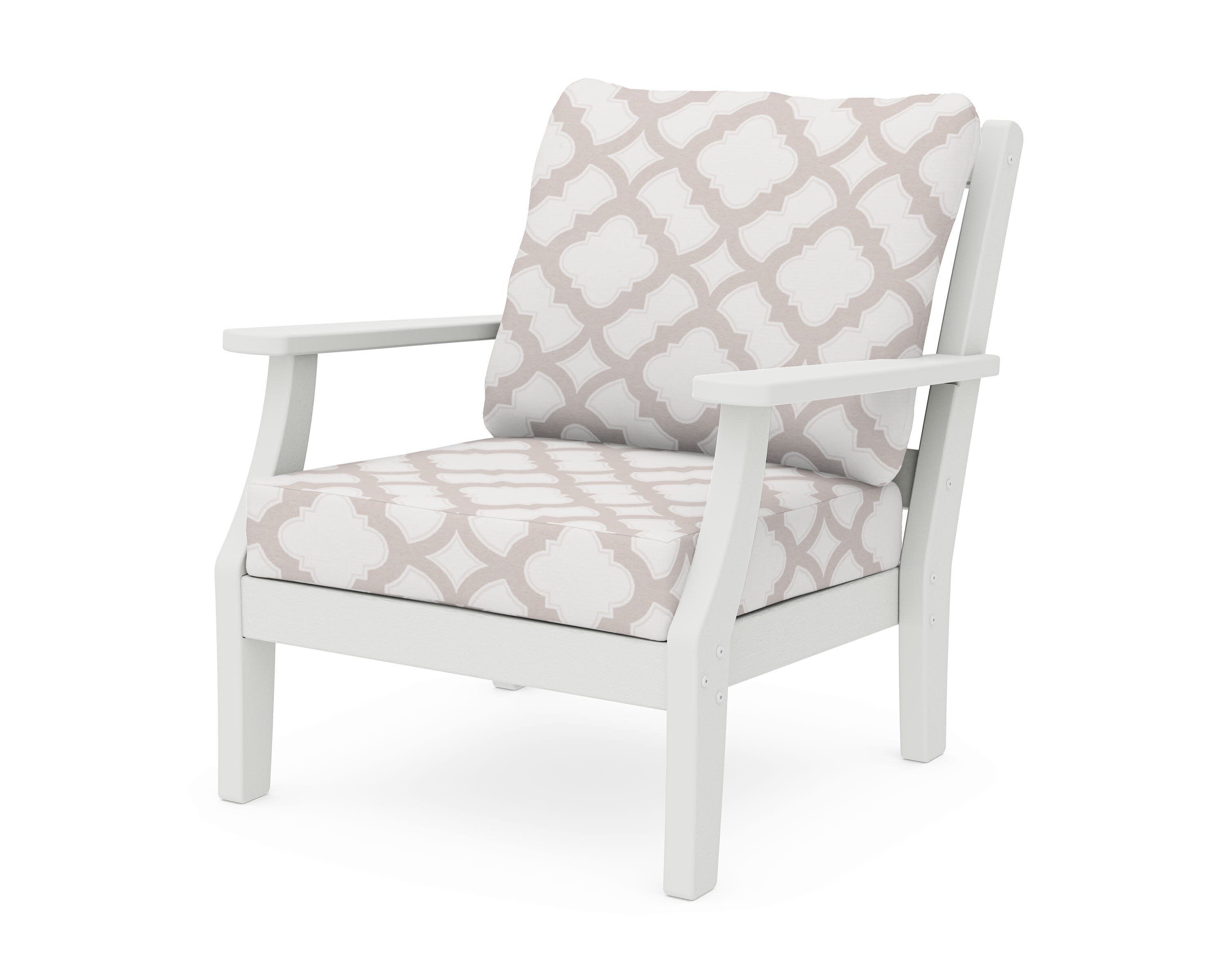 Chinoiserie Deep Seating Chair in Vintage White / Trellis Dune Burlap