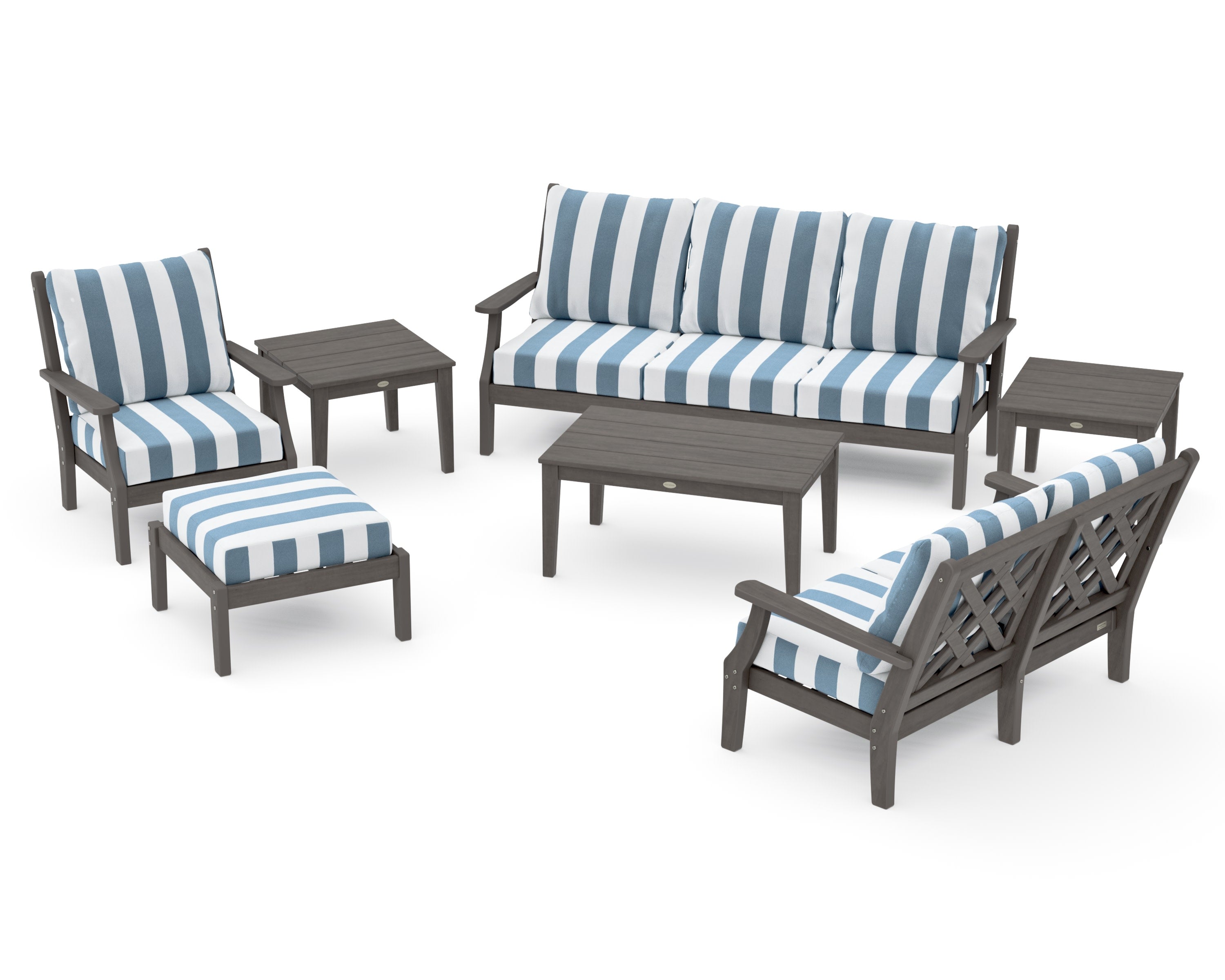 Wovendale 7-Piece Deep Seating Set in Driftwood / Cabana Stripe Sky Blue