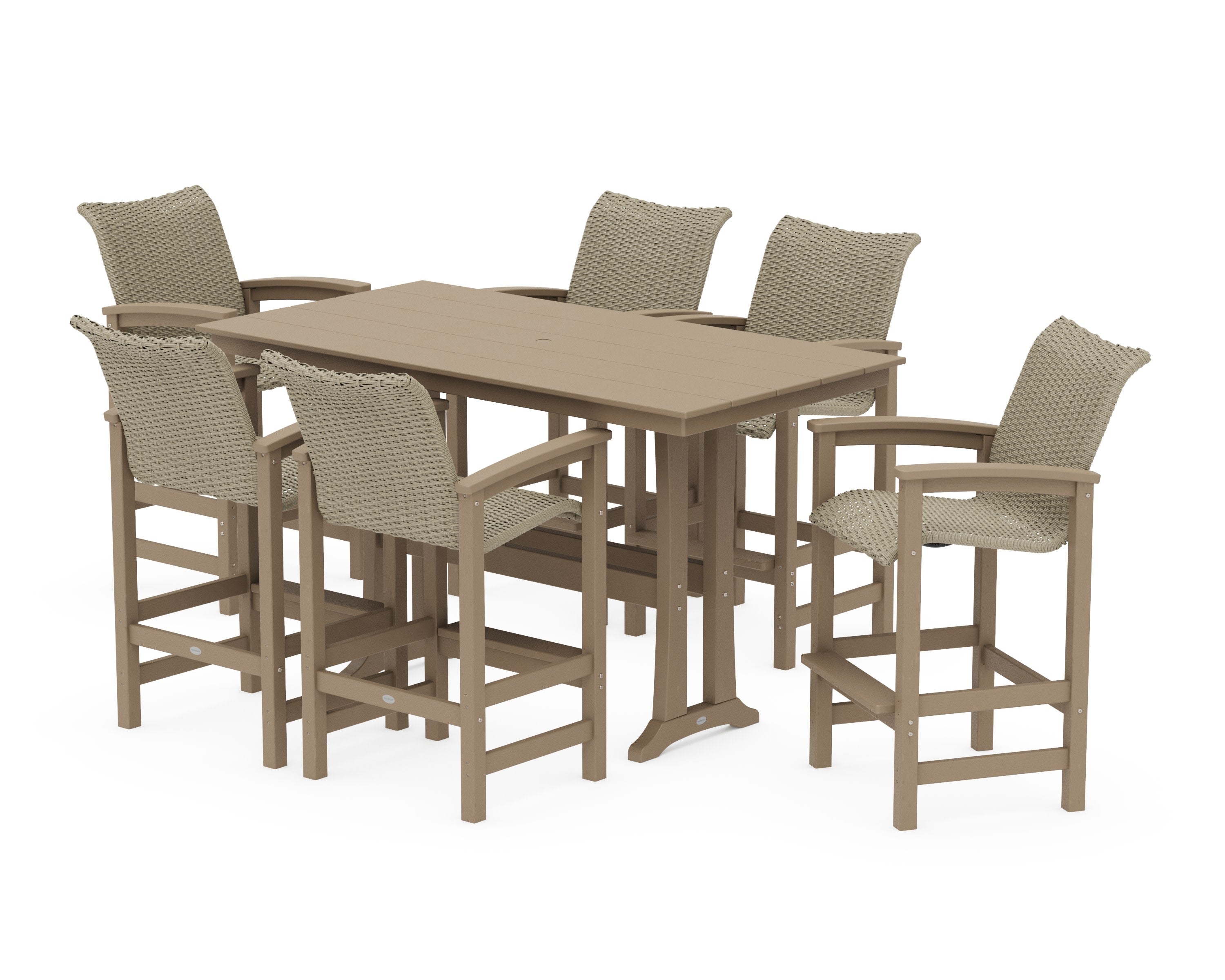 Coastal Woven Arm Chair 7-Piece Farmhouse Bar Set with Trestle Legs in Vintage Sahara / Dune Grass