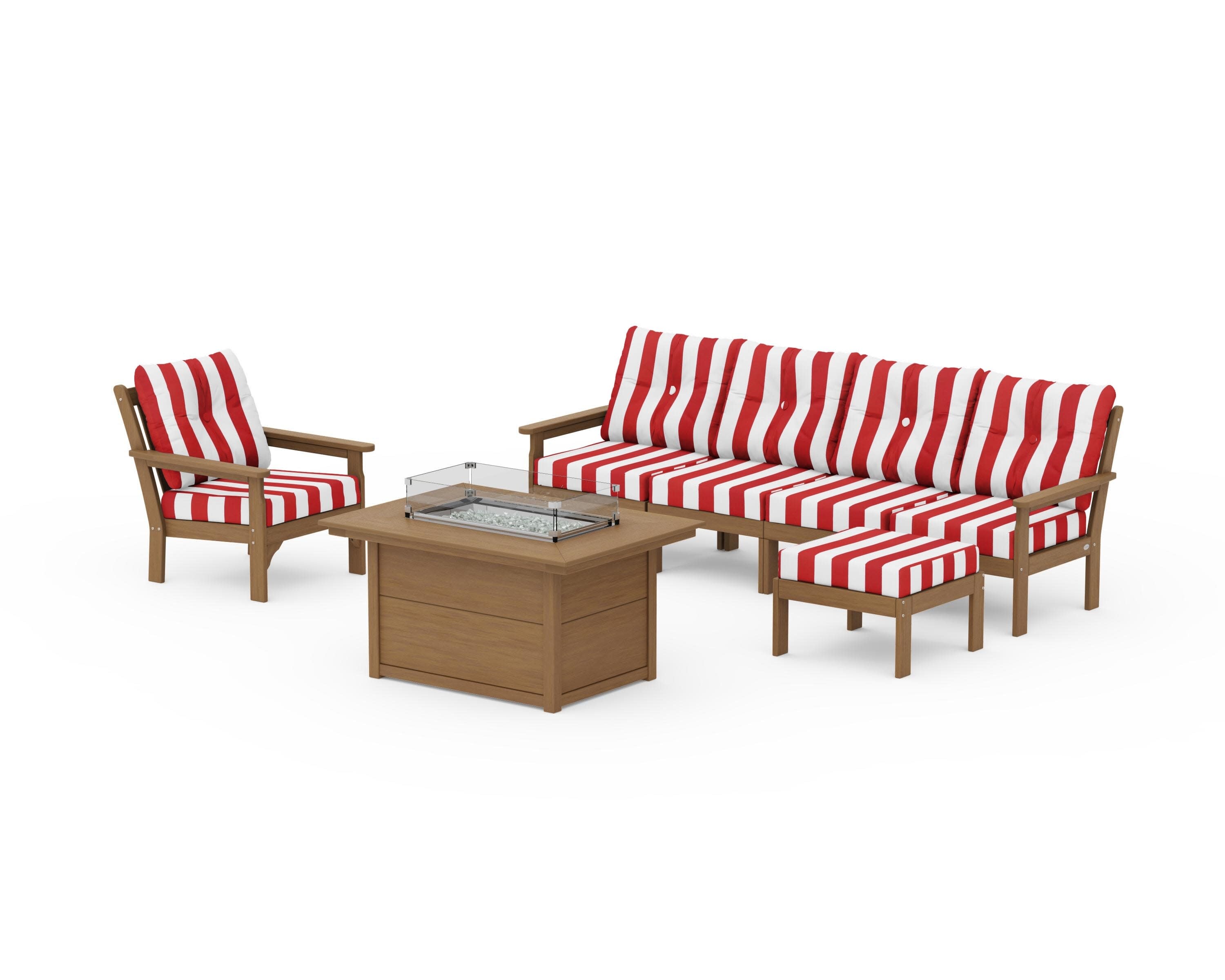 Vineyard Sectional Lounge and Fire Pit Set in Natural / Cabana Stripe Crimson