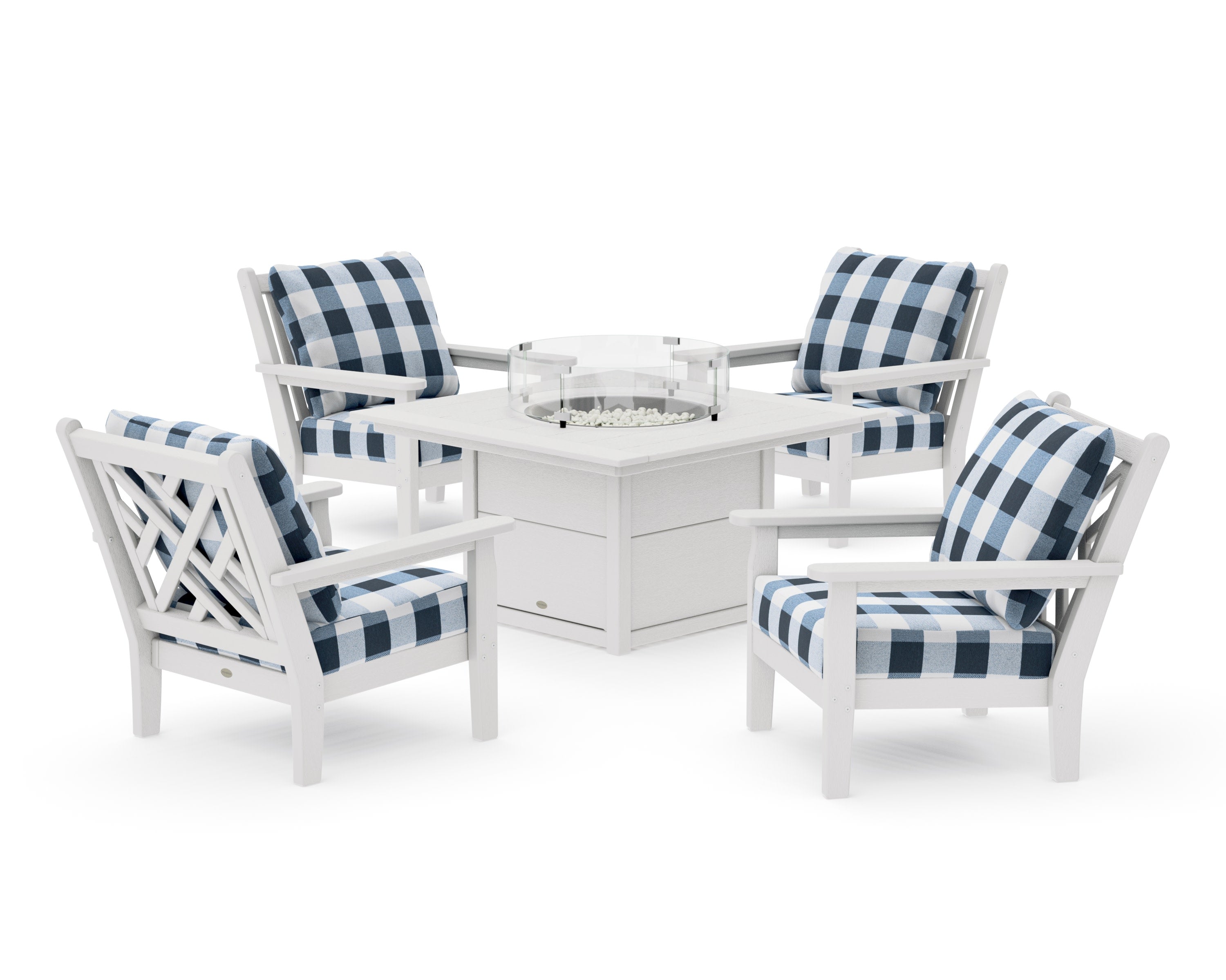 Chippendale 5-Piece Deep Seating Set with Fire Pit Table in Vintage White / Buffalo Plaid Marine Indigo