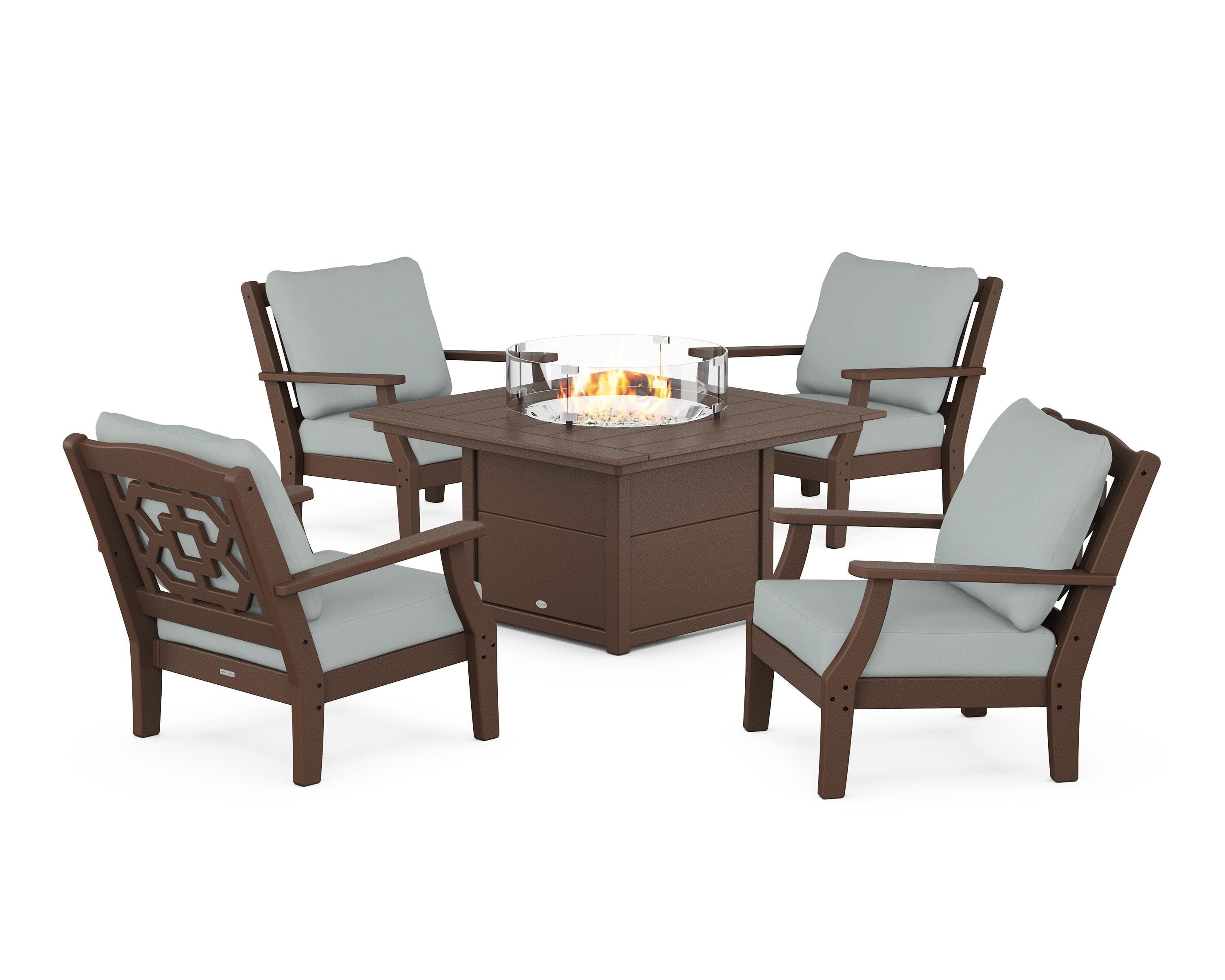 Chinoiserie 5-Piece Deep Seating Set with Fire Pit Table in Mahogany / Spa
