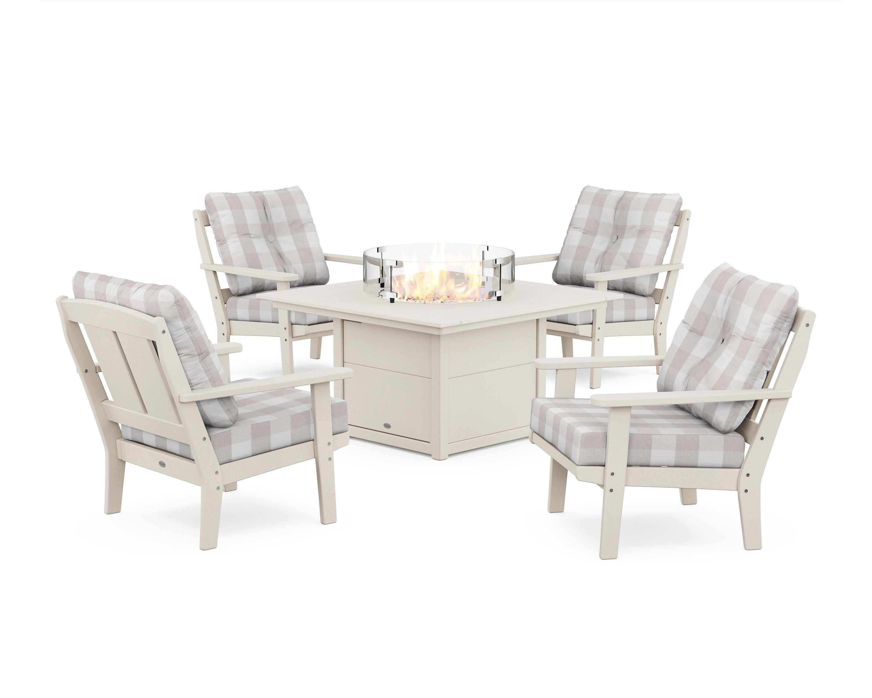 Mission 5-Piece Deep Seating Set with Fire Pit Table in Sand / Buffalo Plaid Dune Burlap
