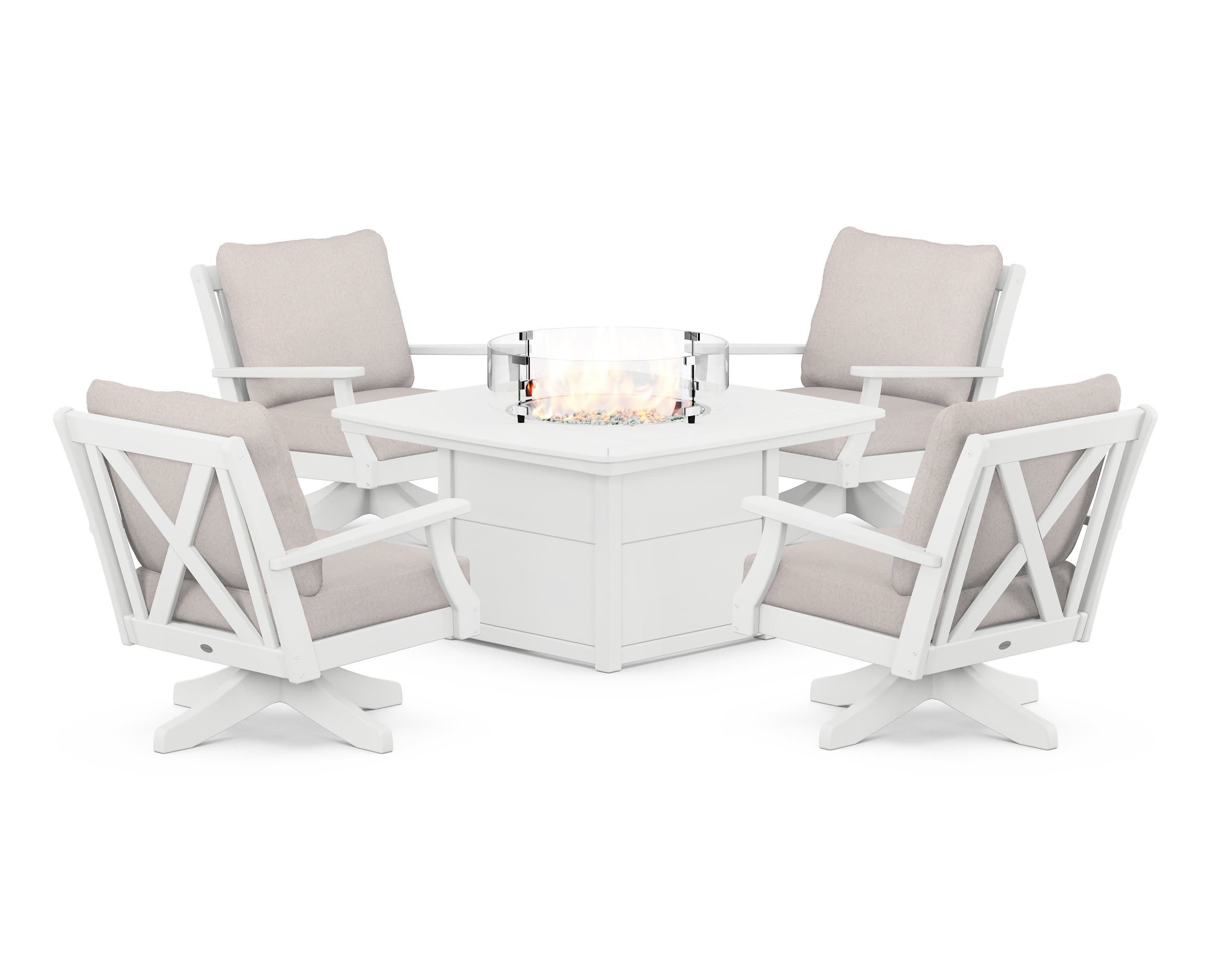 Braxton 5-Piece Deep Seating Swivel Conversation Set with Fire Pit Table in White / Dune Burlap
