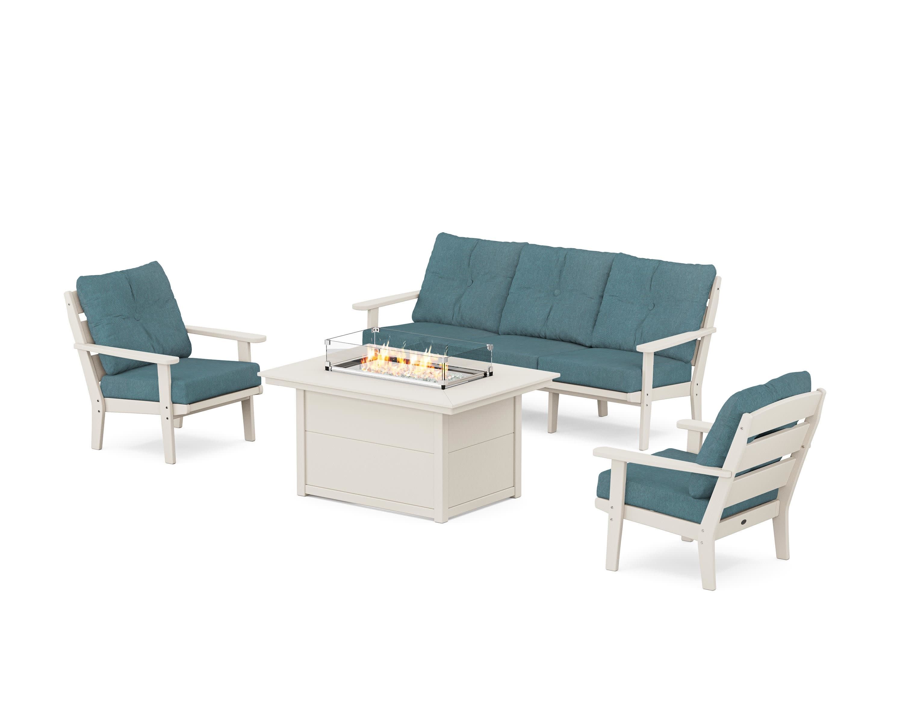 Lakeside Deep Seating Fire Pit Table Set in Sand / Ocean Teal