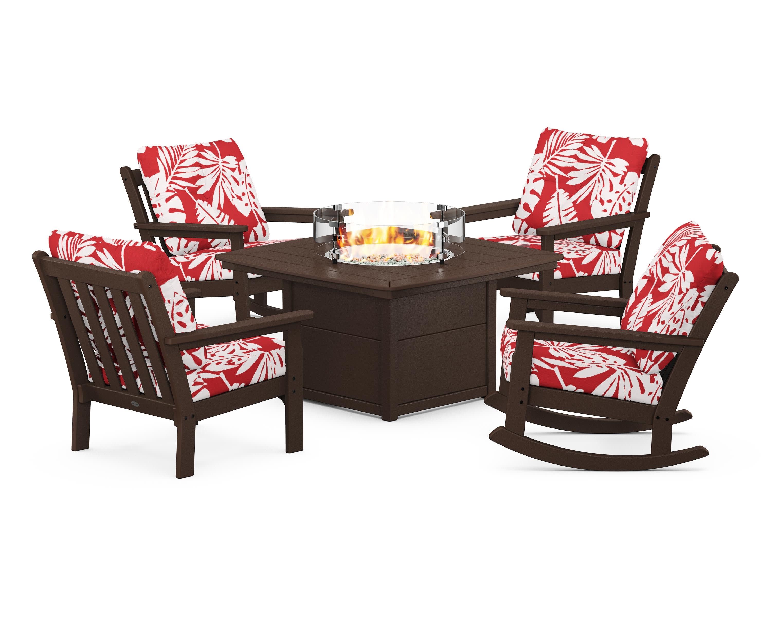 Vineyard 5-Piece Deep Seating Rocking Chair Conversation Set with Fire Pit Table in Mahogany / Leaf Crimson