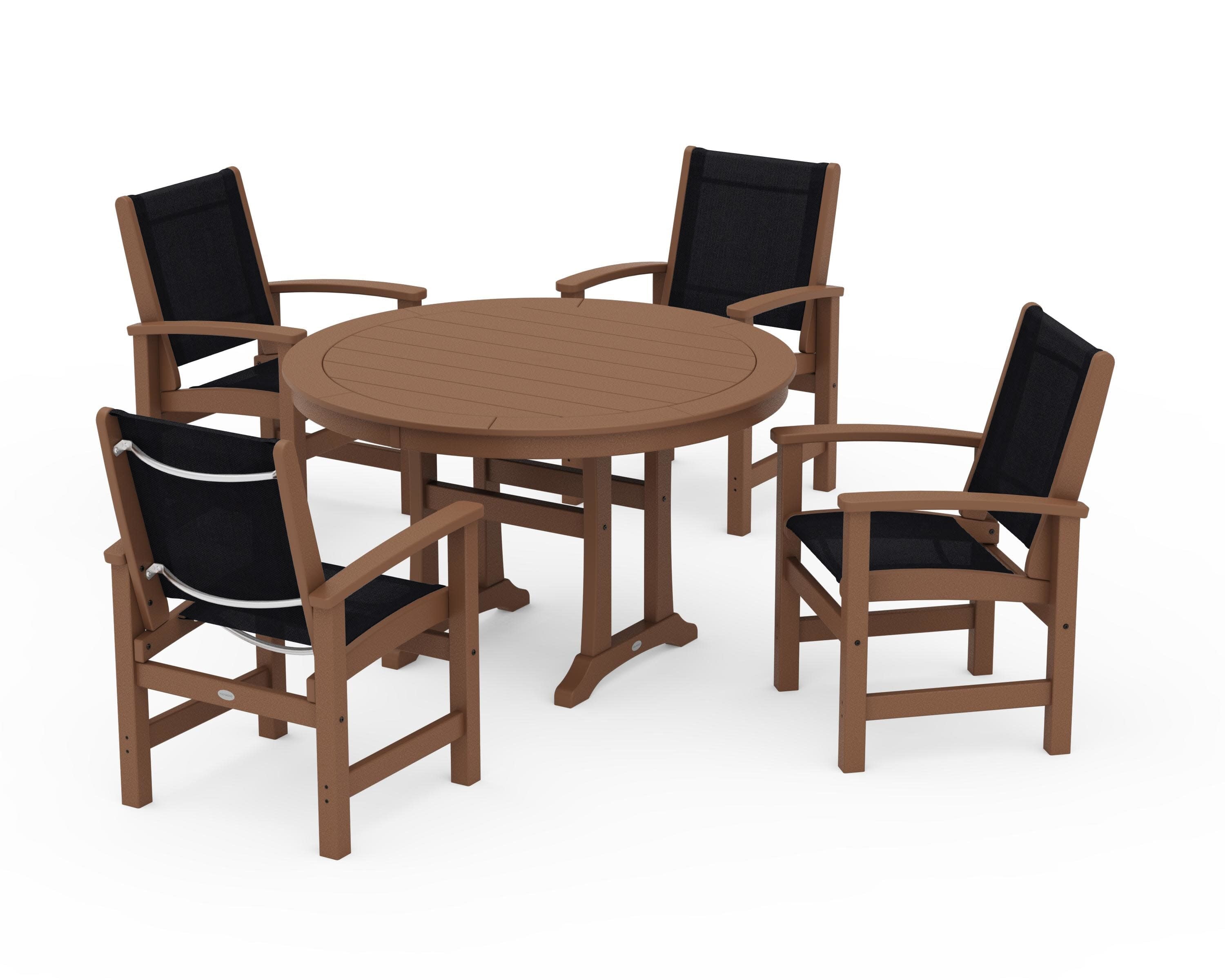 Coastal 5-Piece Round Dining Set with Trestle Legs in Teak / Black Sling
