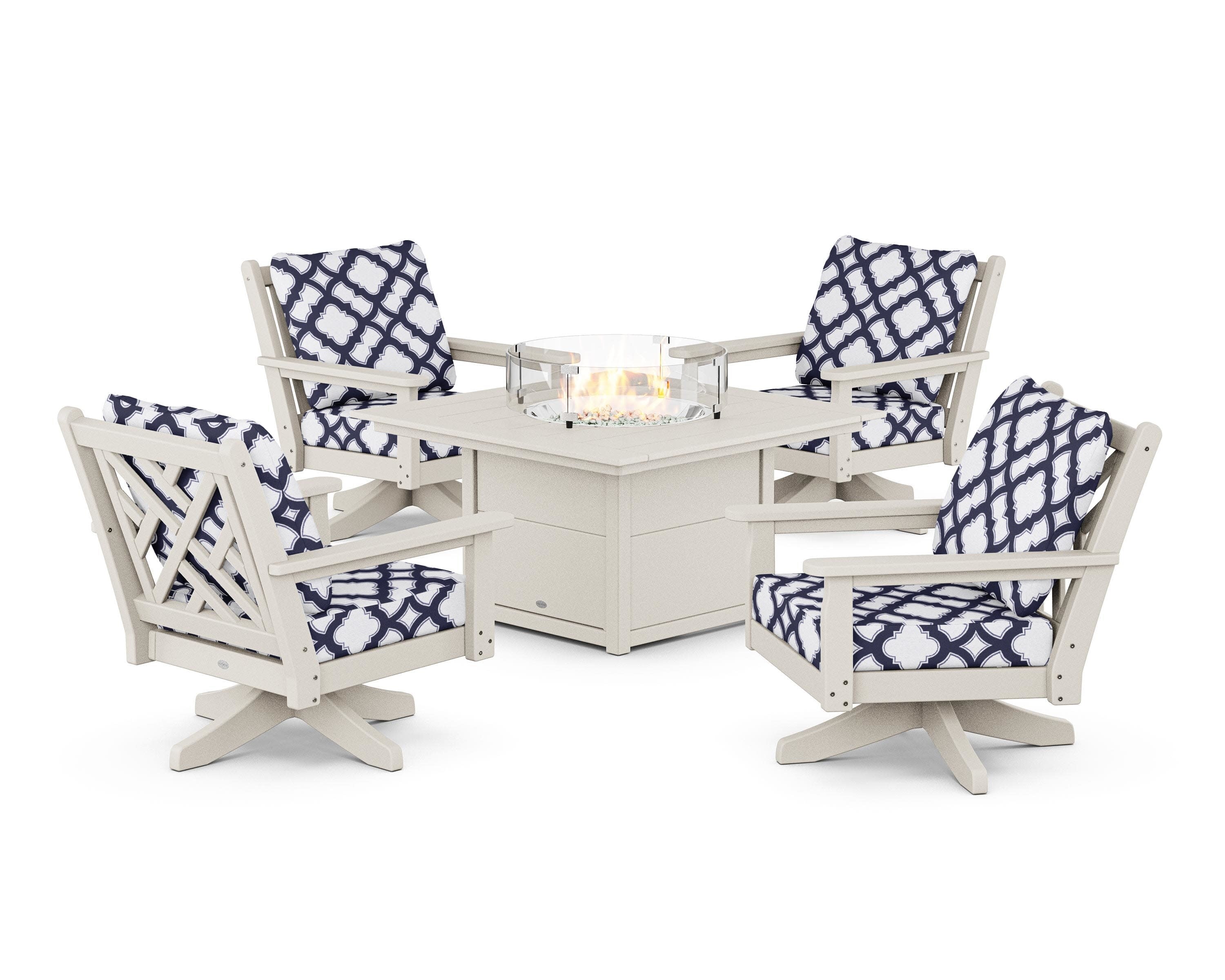 Chippendale 5-Piece Deep Seating Swivel Conversation Set with Fire Pit Table in Sand / Trellis Navy