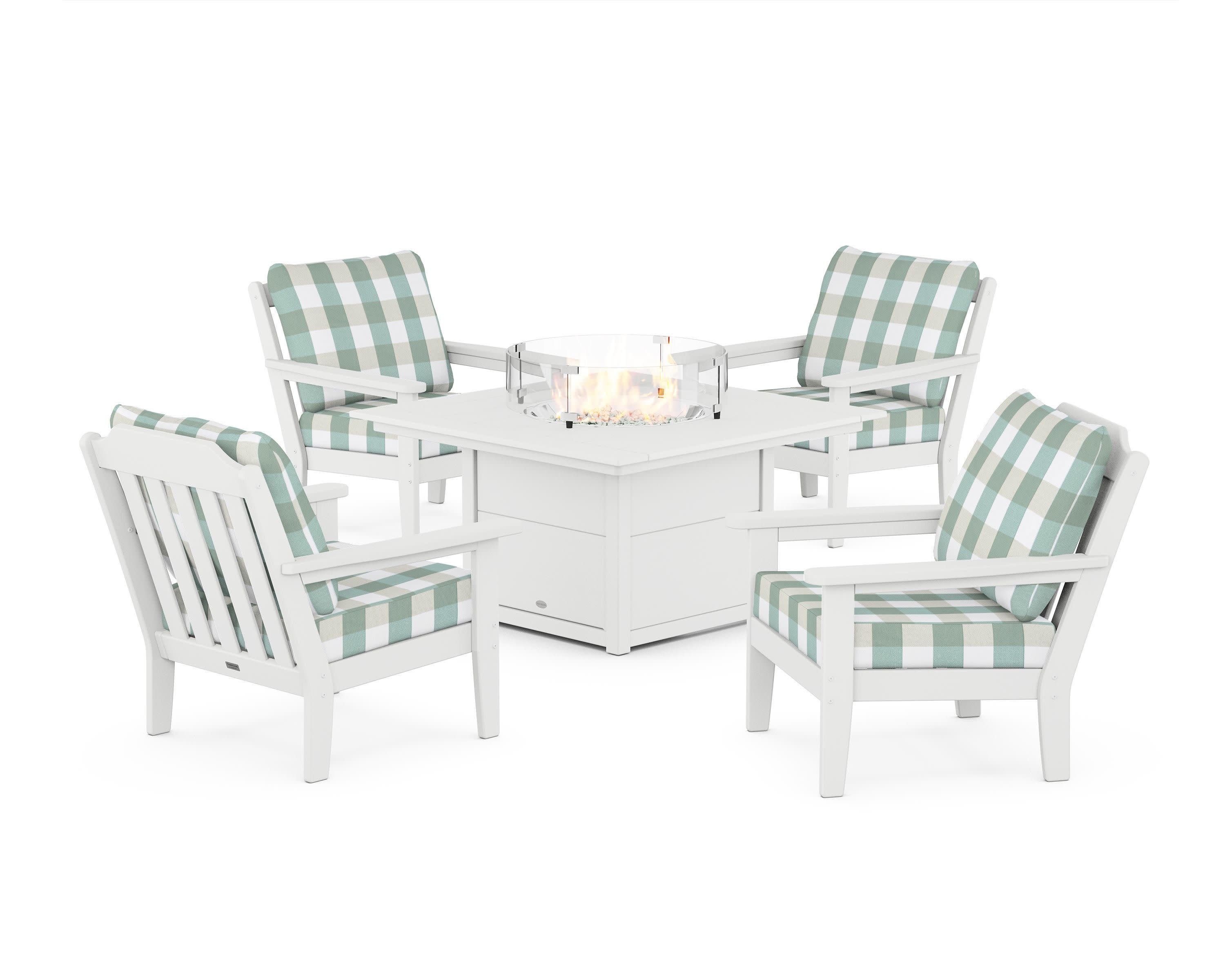 Cottage 5-Piece Deep Seating Set with Fire Pit Table in White / Buffalo Plaid Glacier Spa