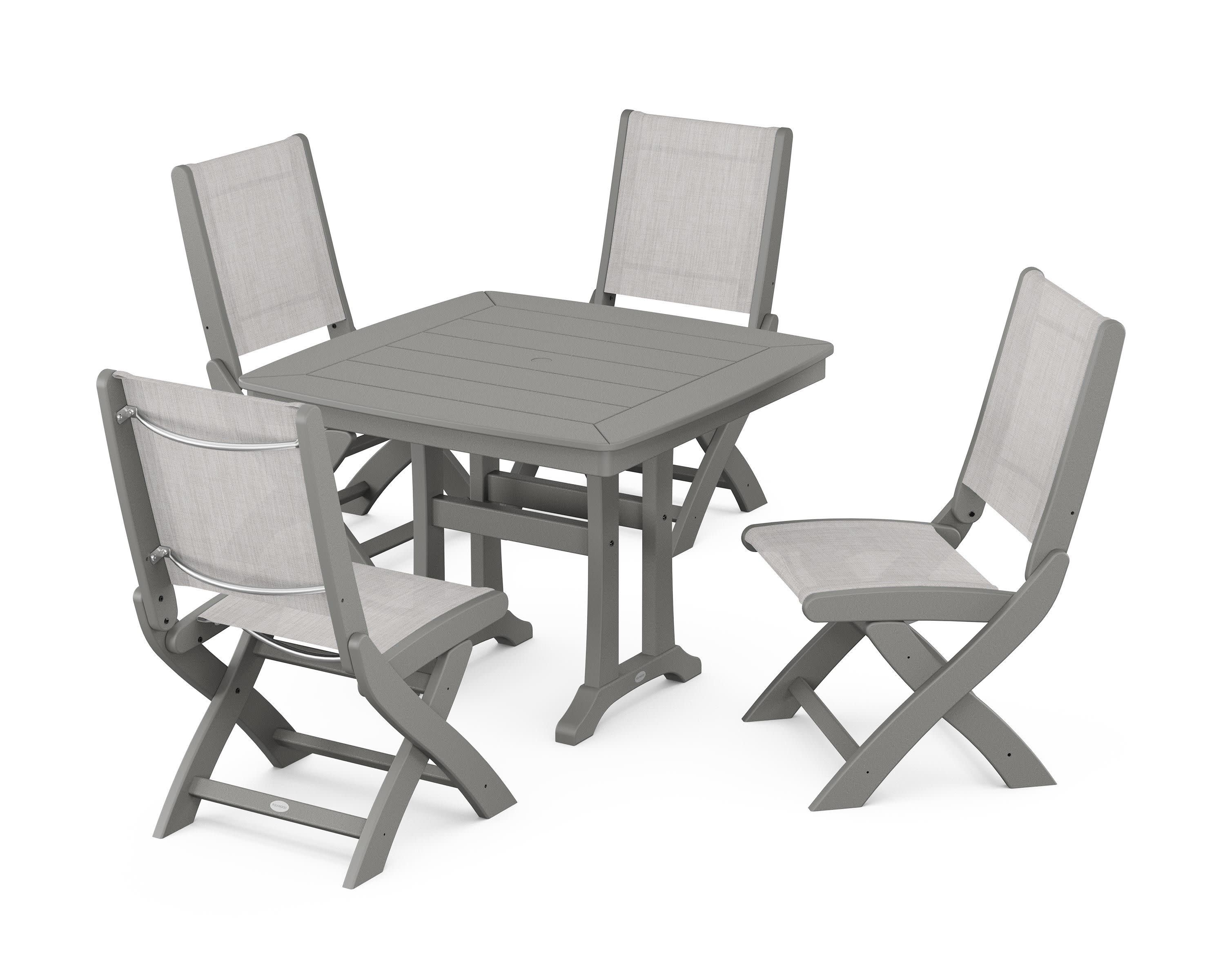 Coastal Folding Side Chair 5-Piece Dining Set with Trestle Legs in Slate Grey / Parchment Sling