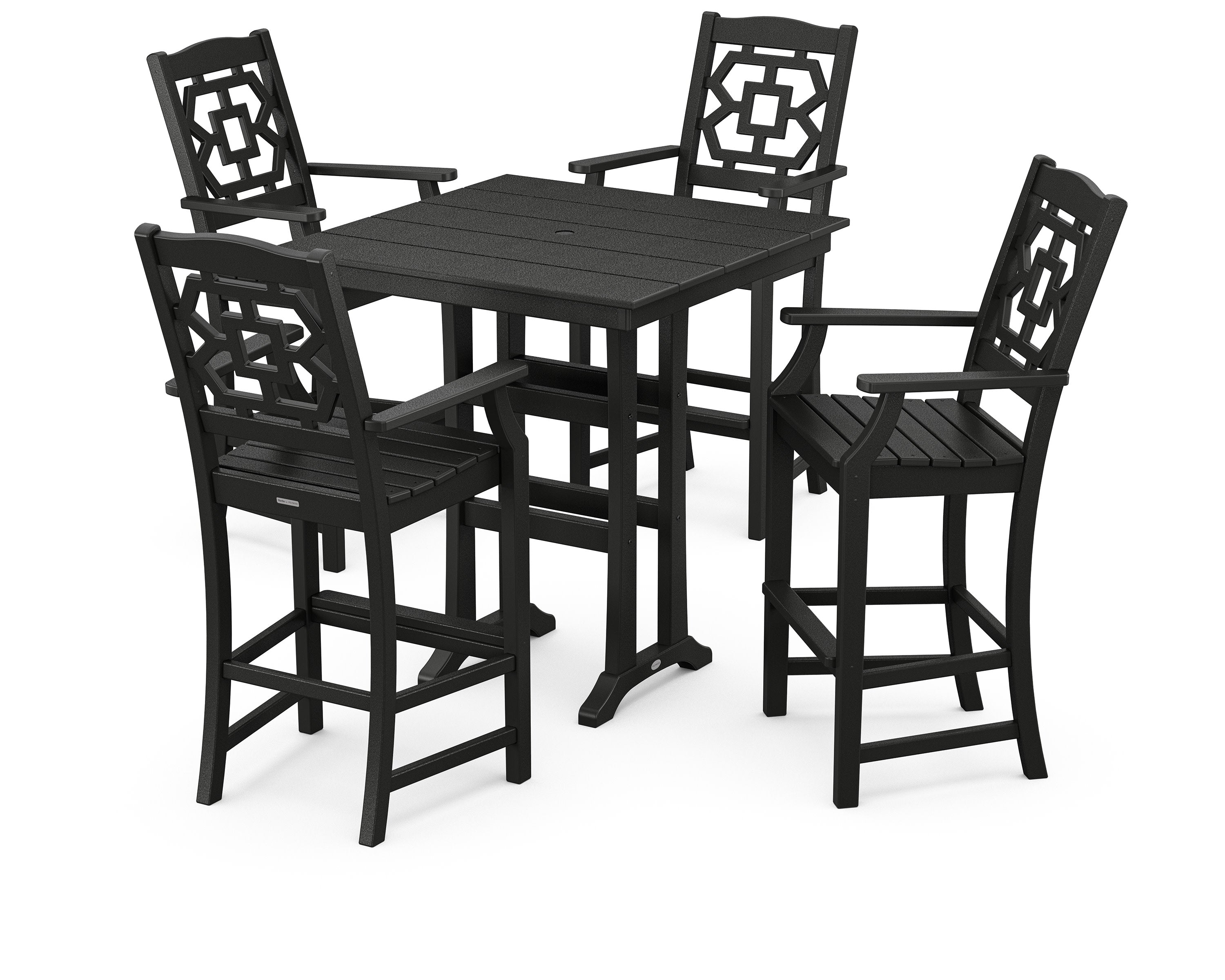 Chinoiserie 5-Piece Farmhouse Bar Set with Trestle Legs in Black