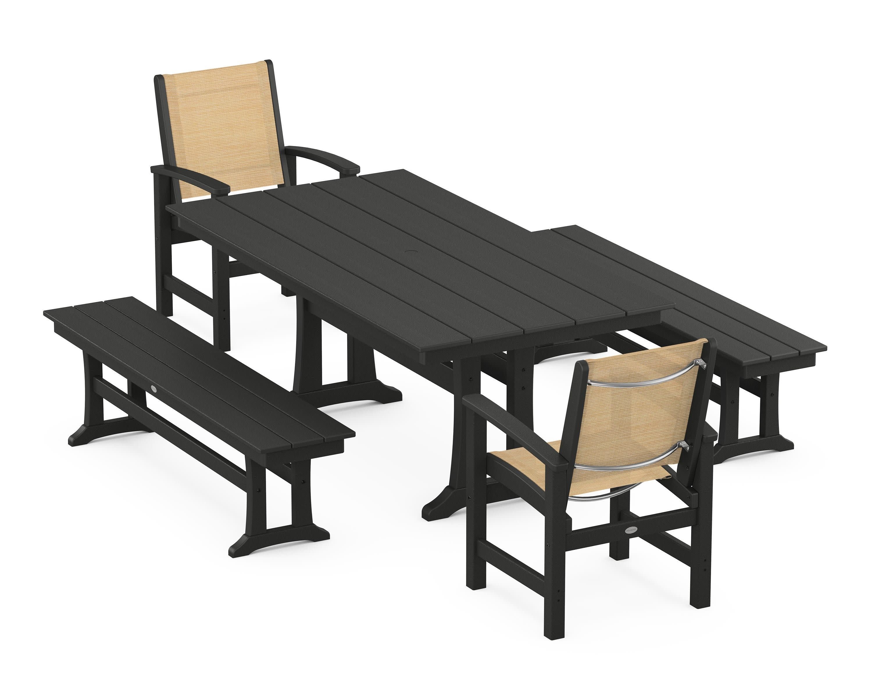 Coastal 5-Piece Farmhouse Dining Set with Trestle Legs and Benches in Black / Dupioni Apricot Sling
