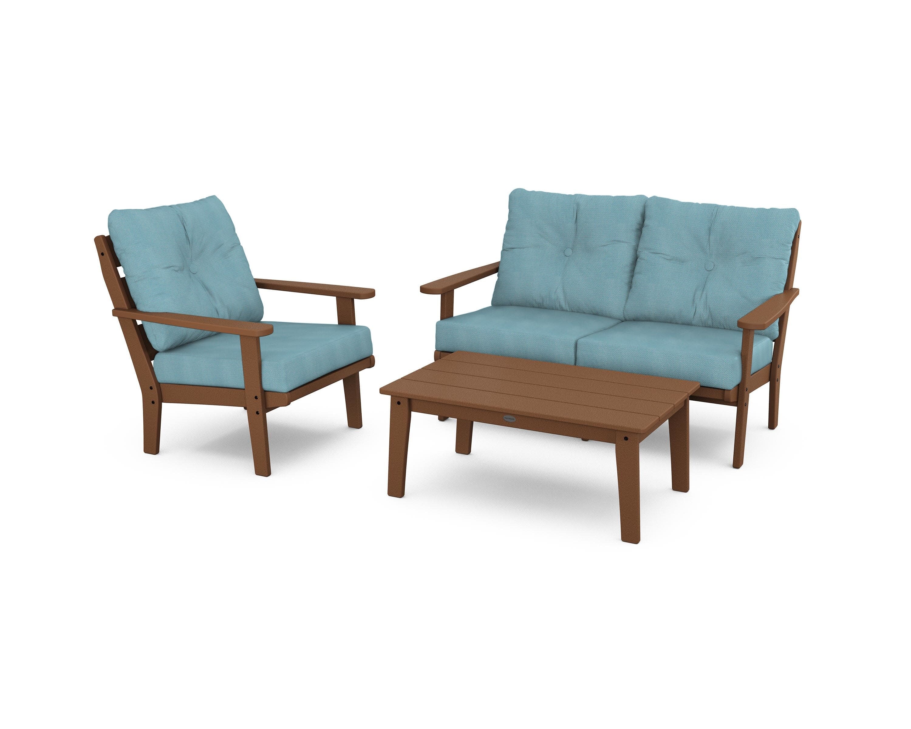 Lakeside 3-Piece Deep Seating Set in Teak / Lattice Sky Blue