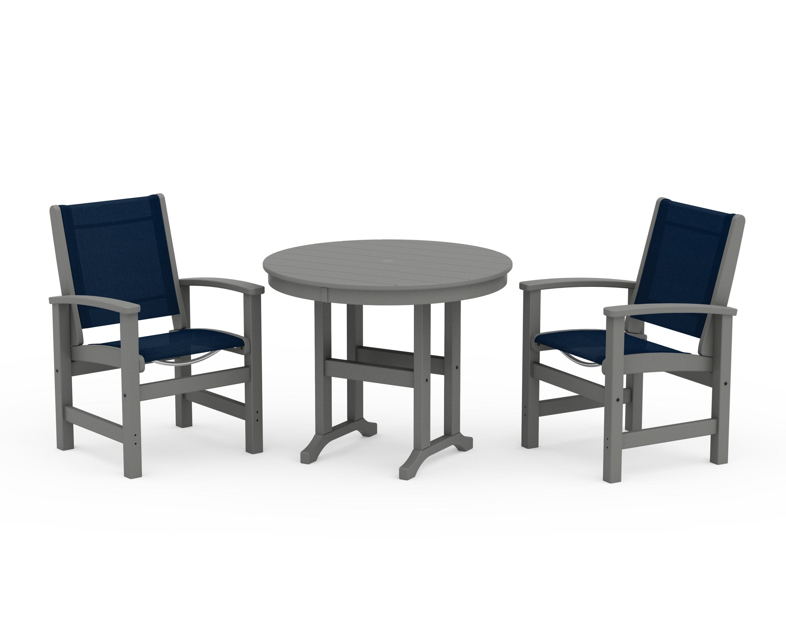 Coastal 3-Piece Round Dining Set in Slate Grey / Navy Blue Sling