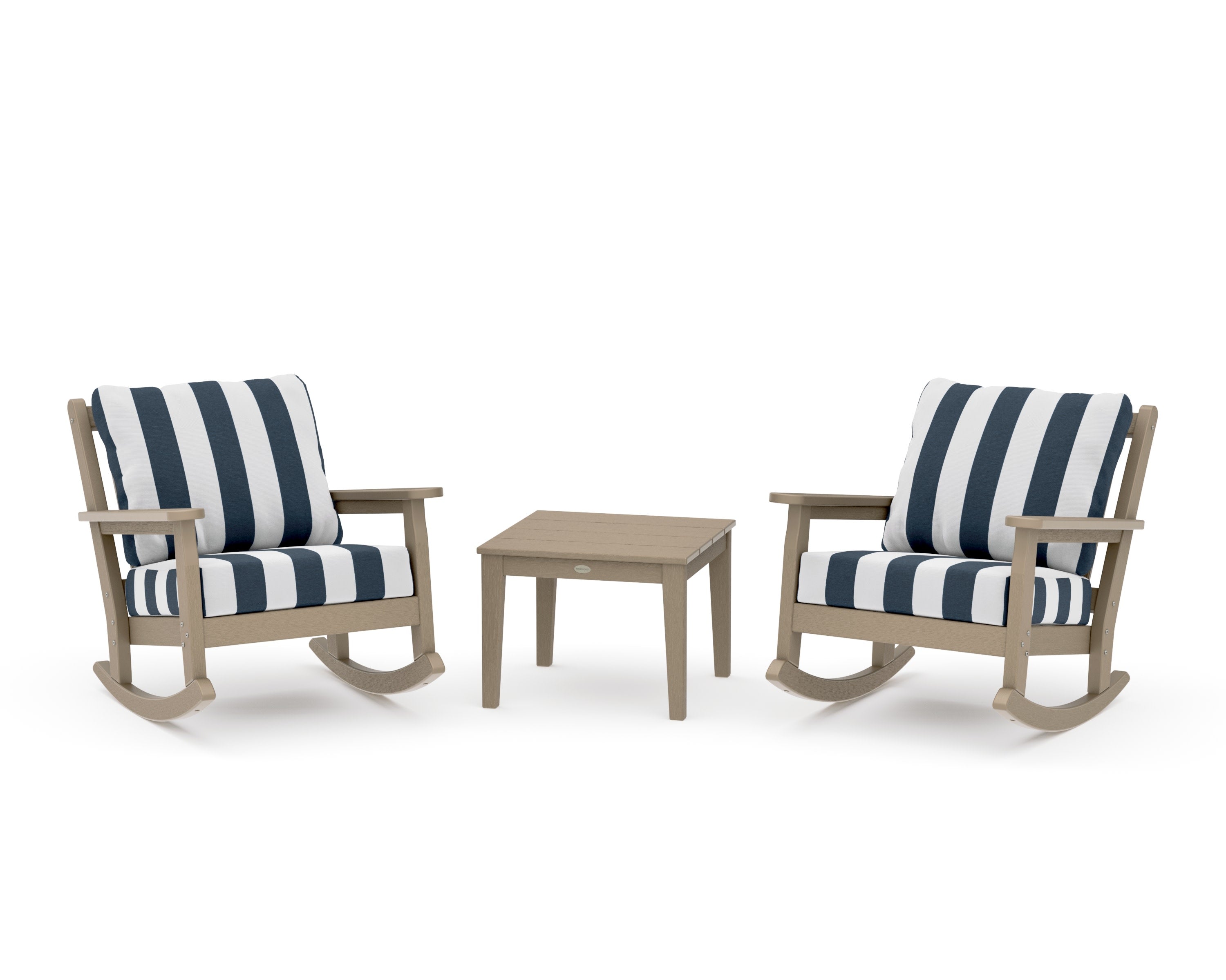Chippendale 3-Piece Deep Seating Rocker Set in Vintage Sahara / Cabana Stripe Marine Indigo