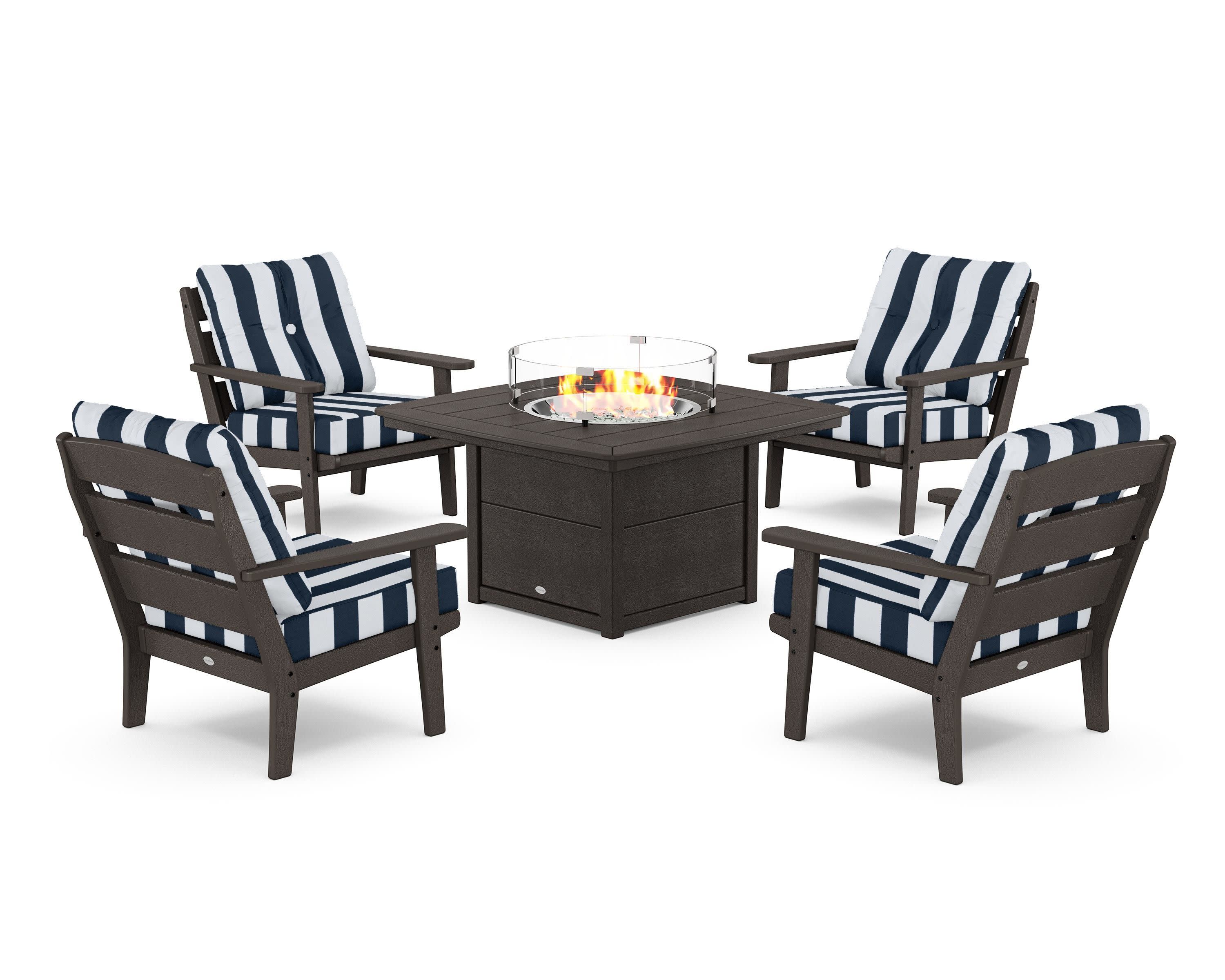 Lakeside 5-Piece Deep Seating Set with Nautical Fire Pit Table in Vintage Coffee / Cabana Stripe Marine Indigo