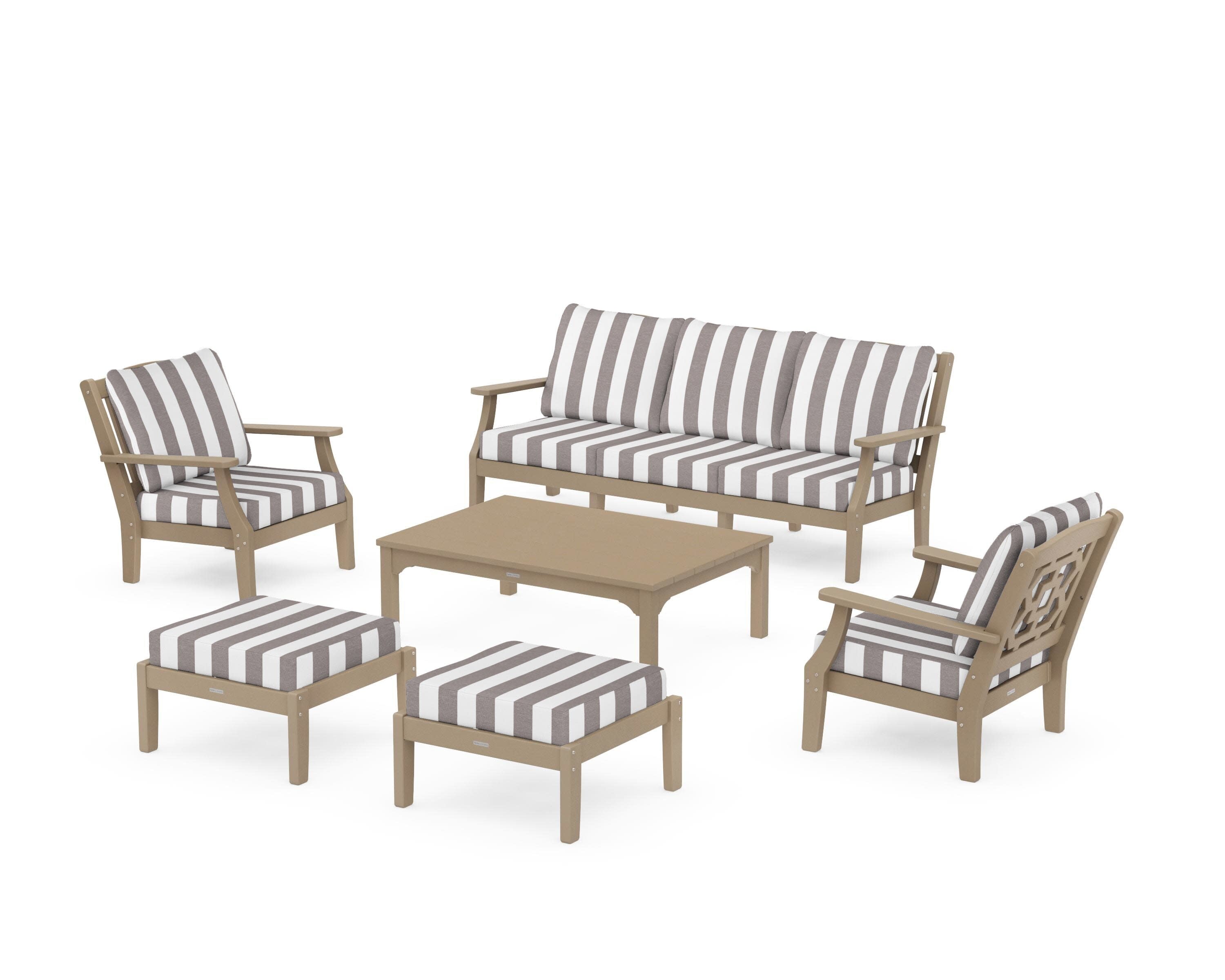 Chinoiserie 6-Piece Lounge Sofa Set in Vintage Sahara / Cabana Stripe Grey Mist