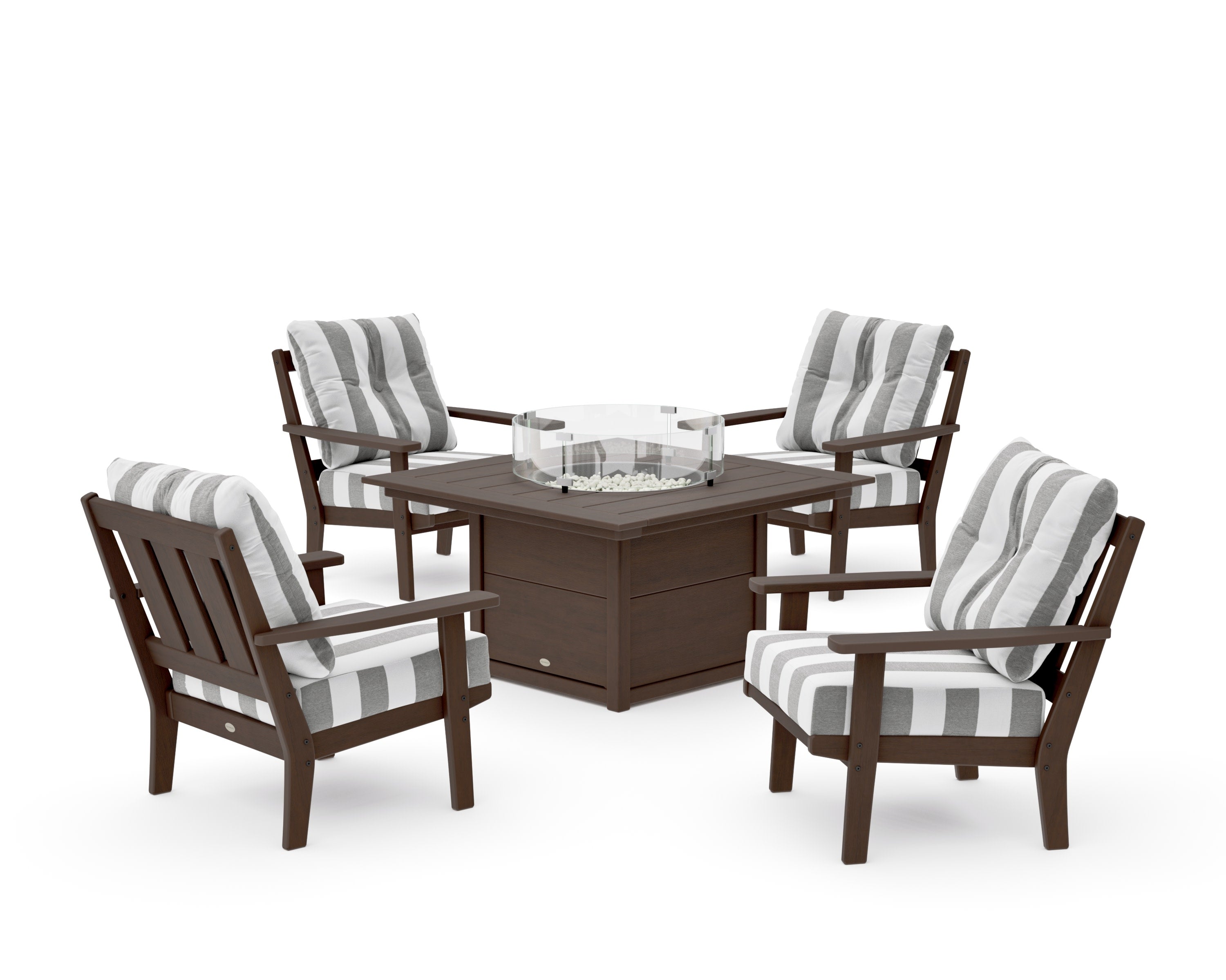 Oxford 5-Piece Deep Seating Set with Fire Pit Table in Kona / Cabana Stripe Grey Mist