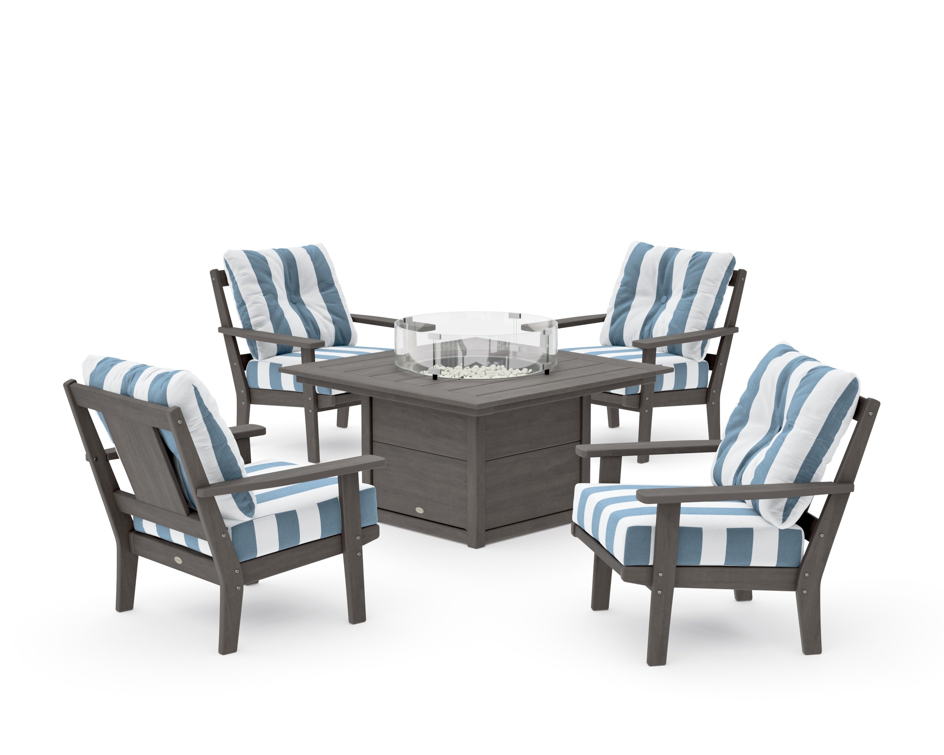 Prairie 5-Piece Deep Seating Set with Fire Pit Table in Driftwood / Cabana Stripe Sky Blue
