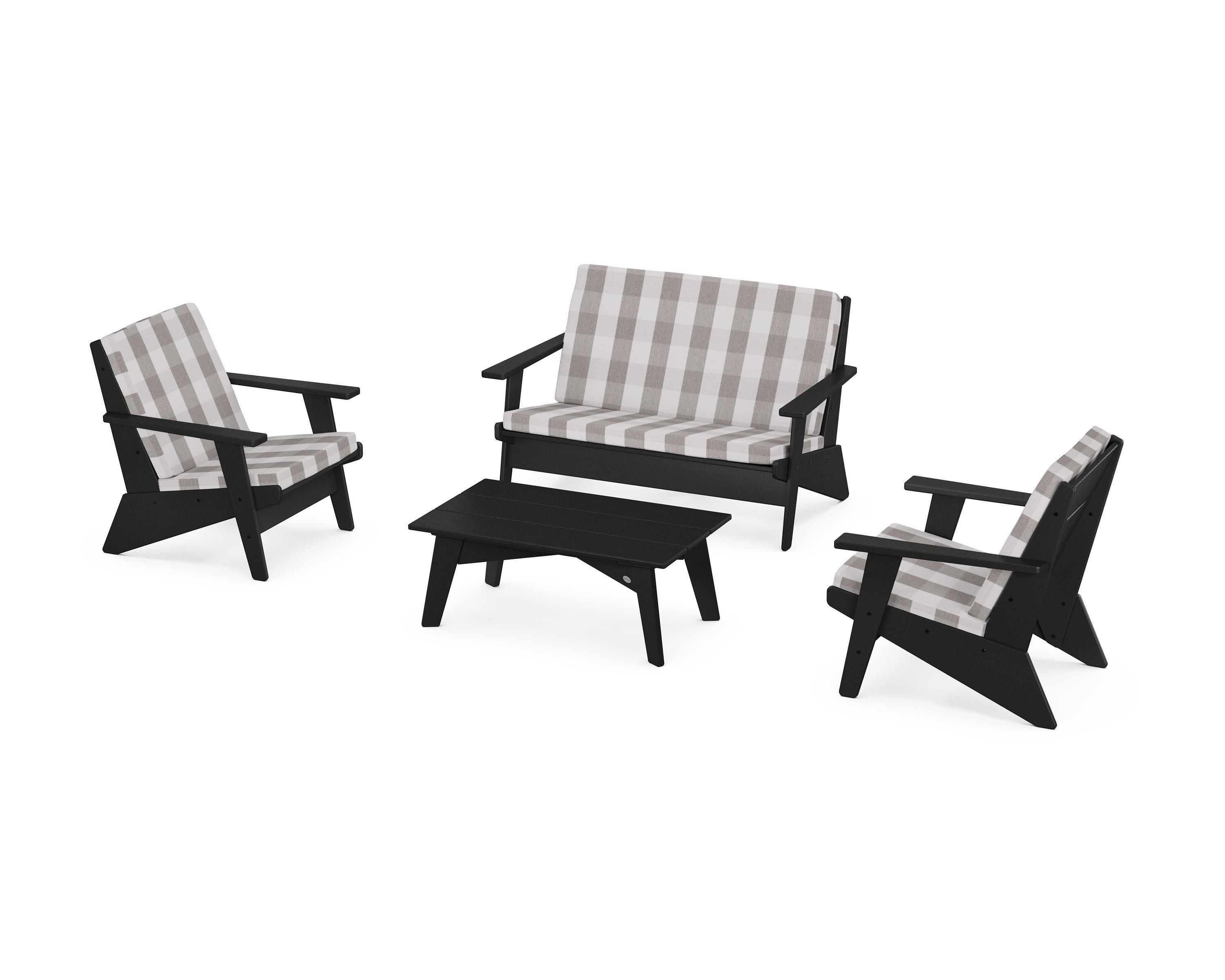 Riviera Modern Lounge 4-Piece Set in Black / Buffalo Plaid Grey Mist