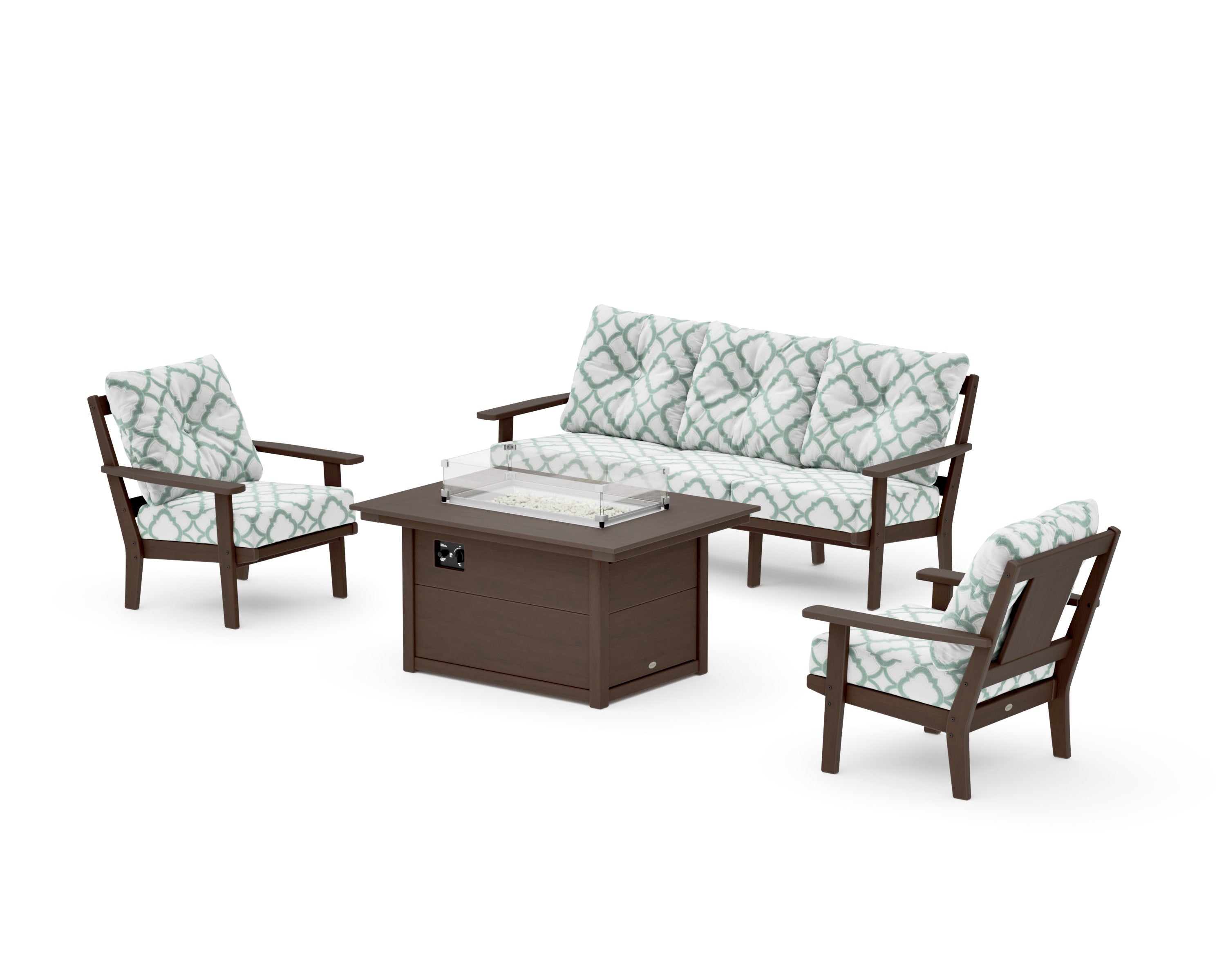 Prairie Deep Seating Fire Pit Table Set in Kona / Trellis Glacier Spa