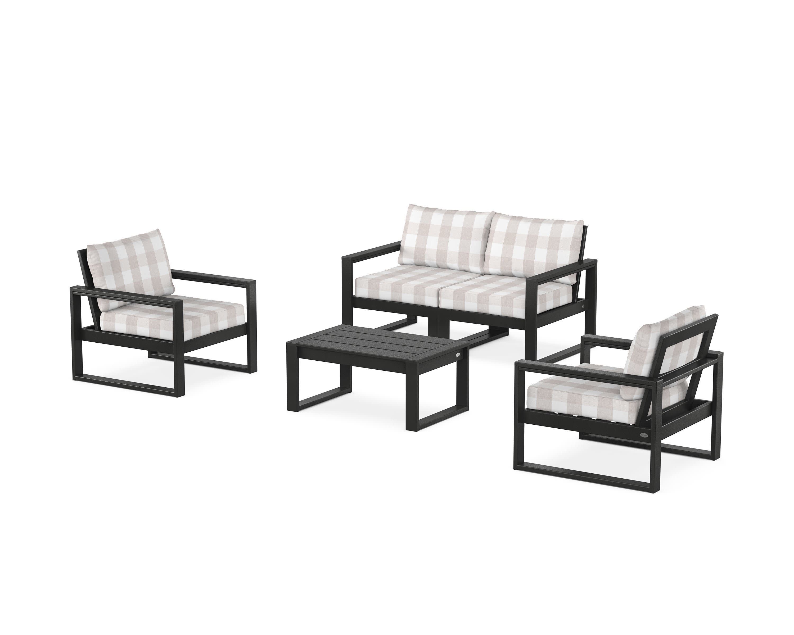 EDGE Sectional 4-Piece Deep Seating Set with Loveseat in Black / Buffalo Plaid Dune Burlap