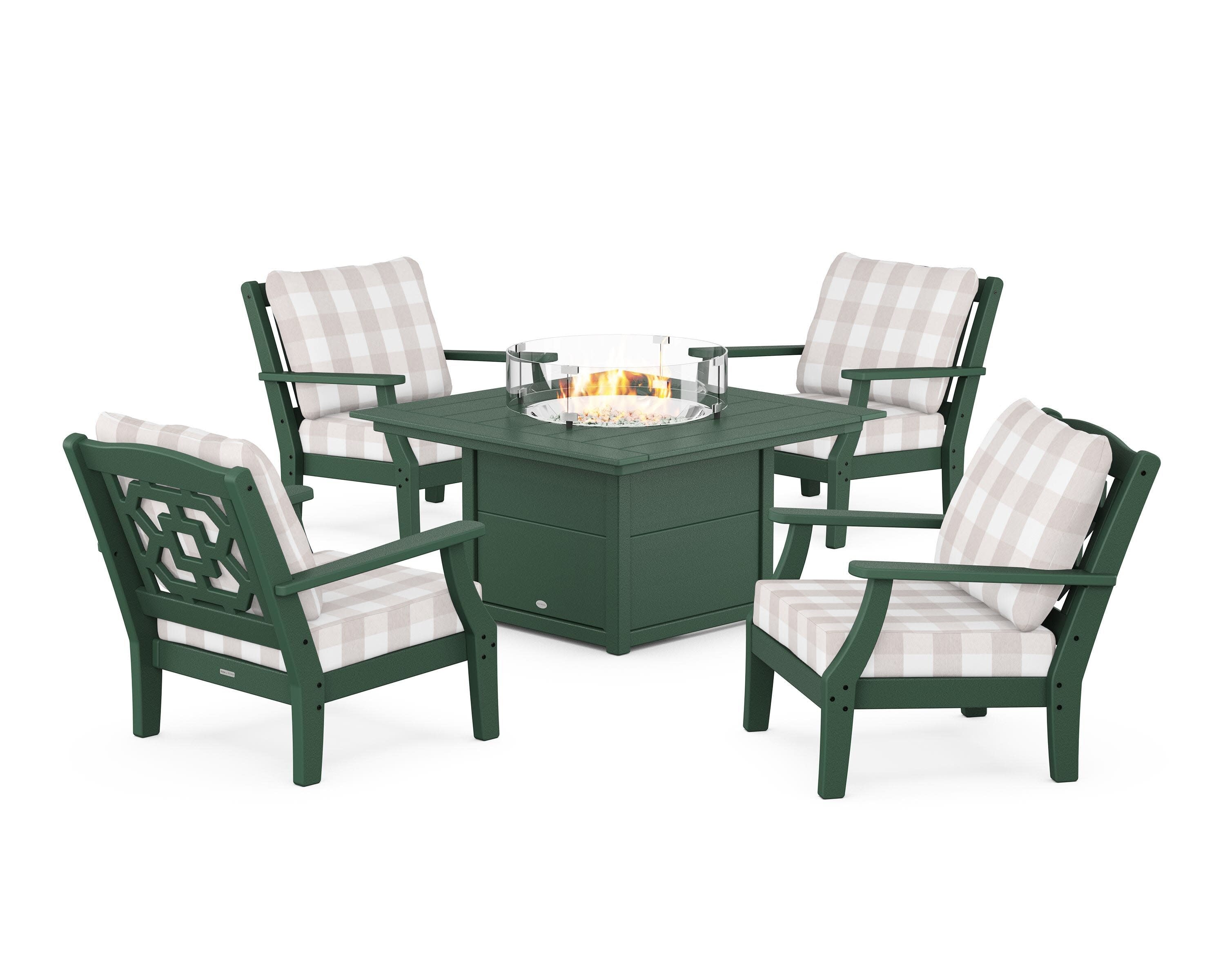 Chinoiserie 5-Piece Deep Seating Set with Fire Pit Table in Green / Buffalo Plaid Dune Burlap