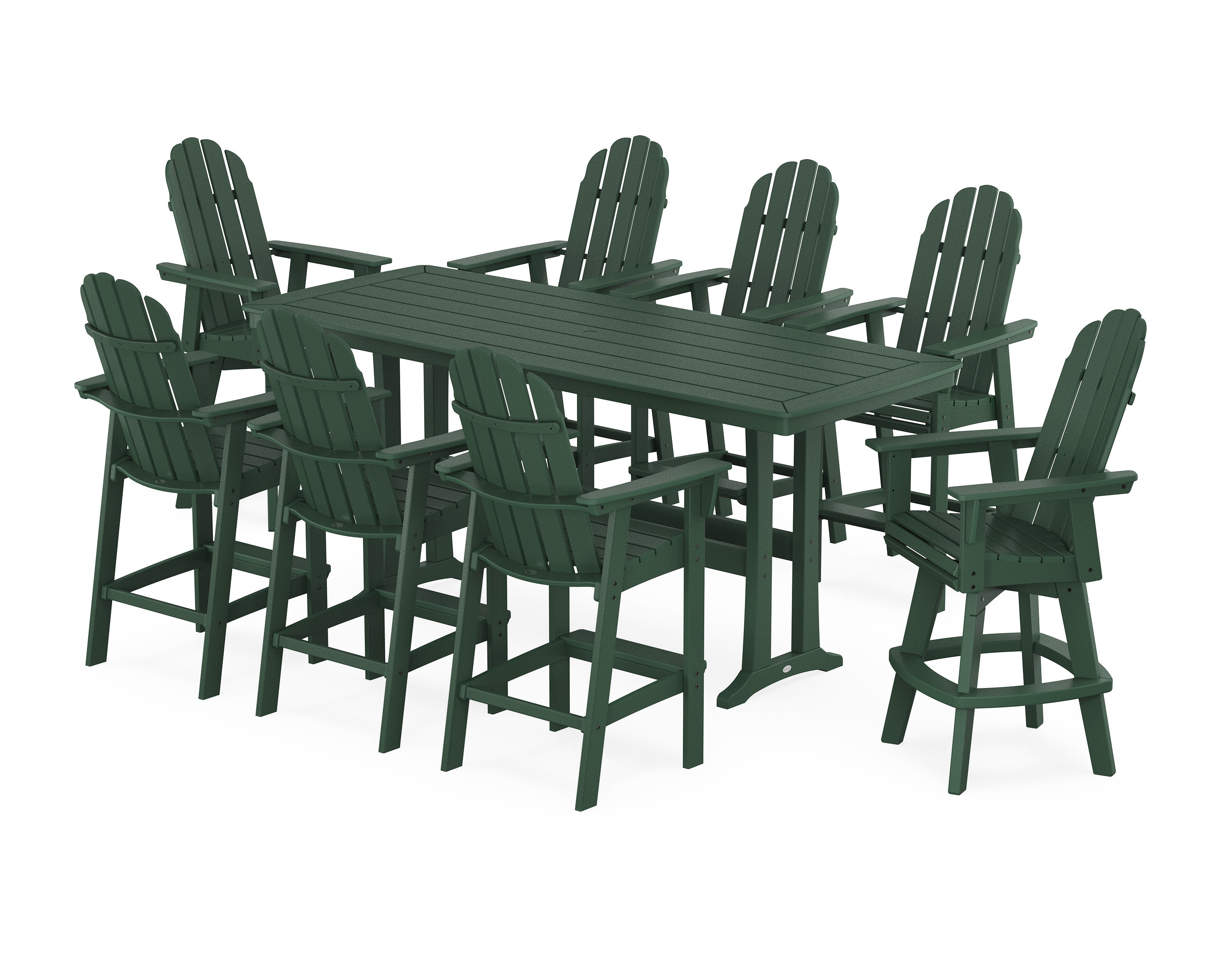 Vineyard Curveback Adirondack Swivel 9-Piece Bar Set with Trestle Legs in Green