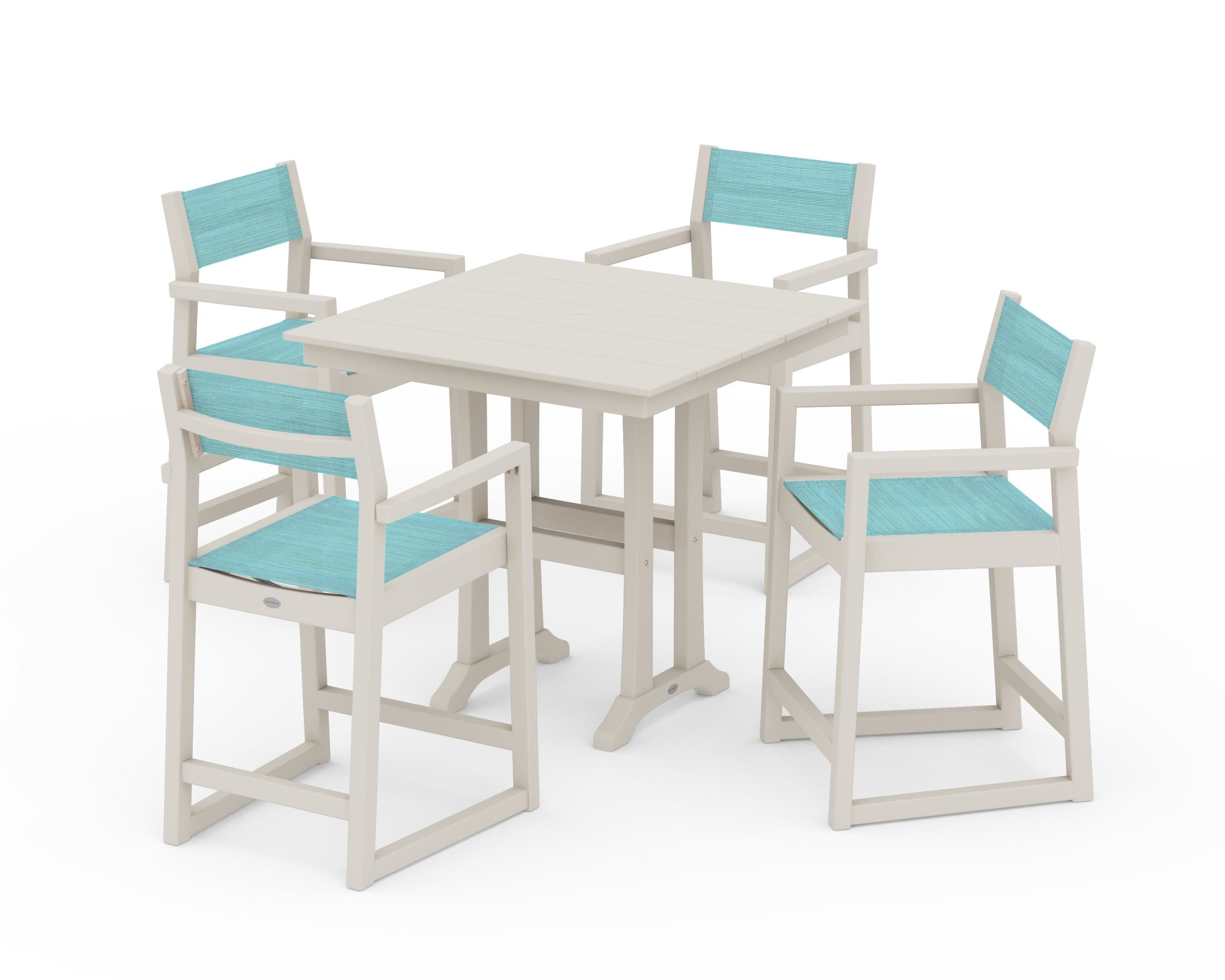 EDGE Sling Arm Chair 5-Piece Farmhouse Counter Set with Trestle Legs in Sand / Dupioni Aquamarine Sling