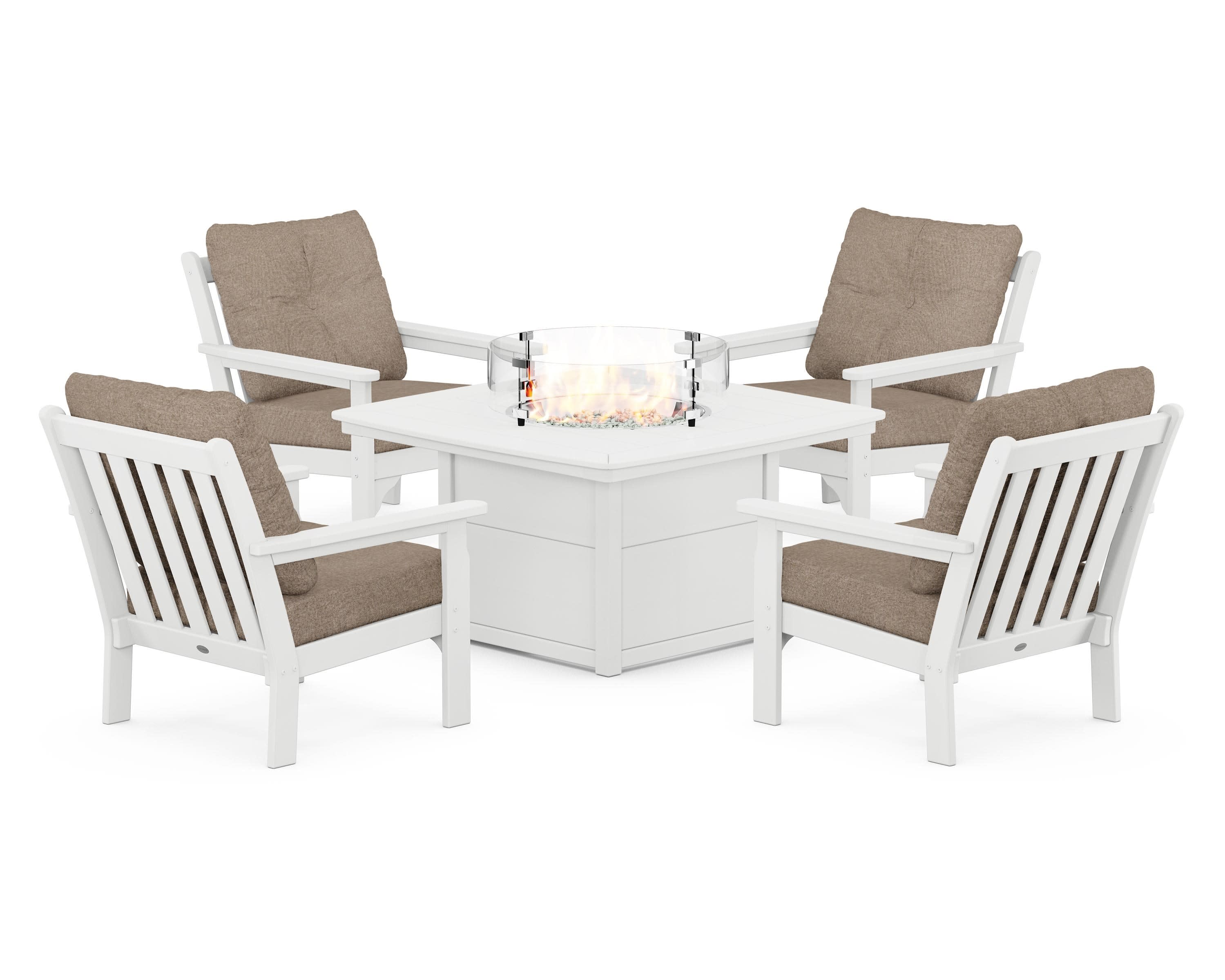 Vineyard 5-Piece Conversation Set with Fire Pit Table in White / Spiced Burlap