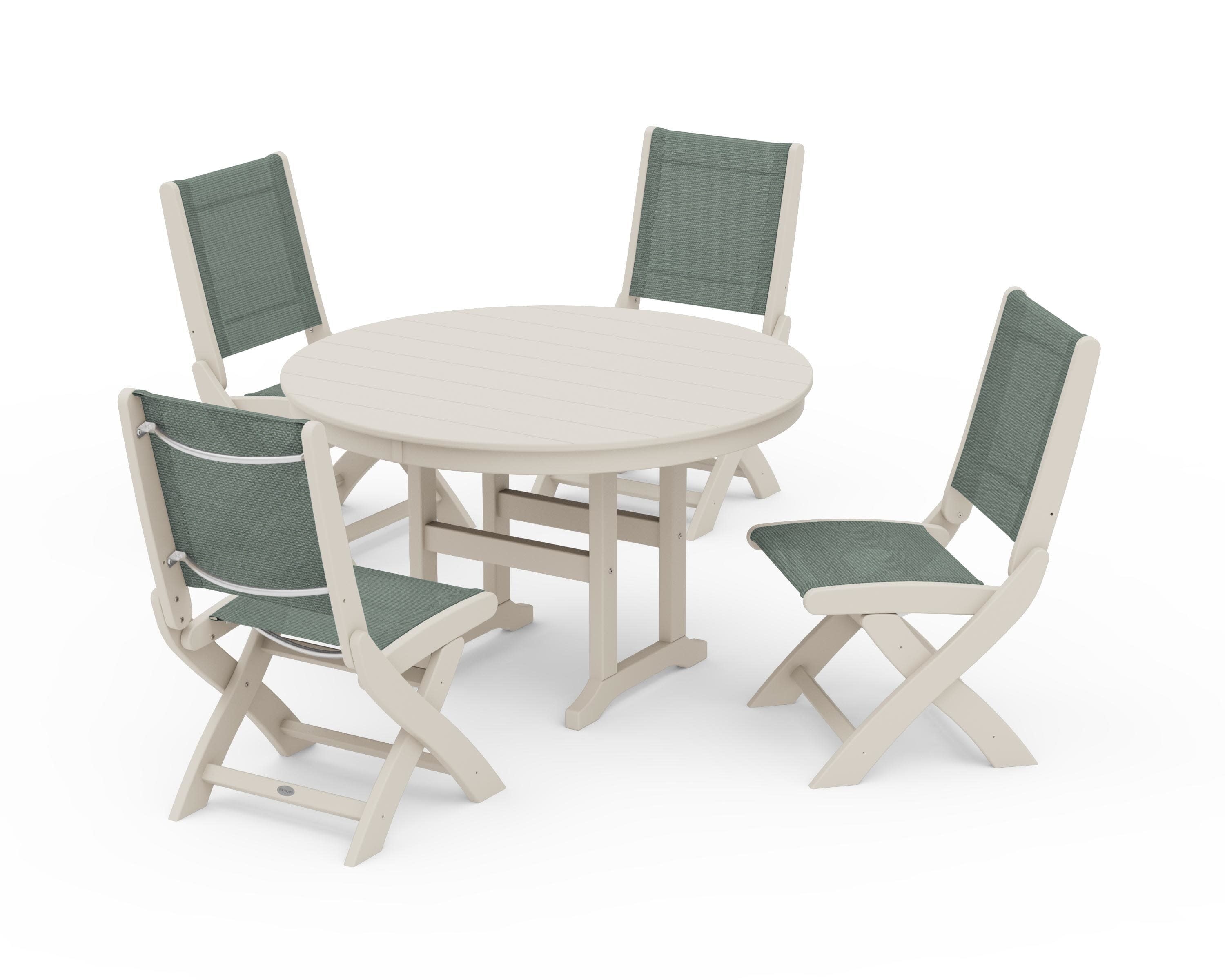 Coastal Folding Side Chair 5-Piece Round Dining Set in Sand / Dupioni Sea Mist Sling