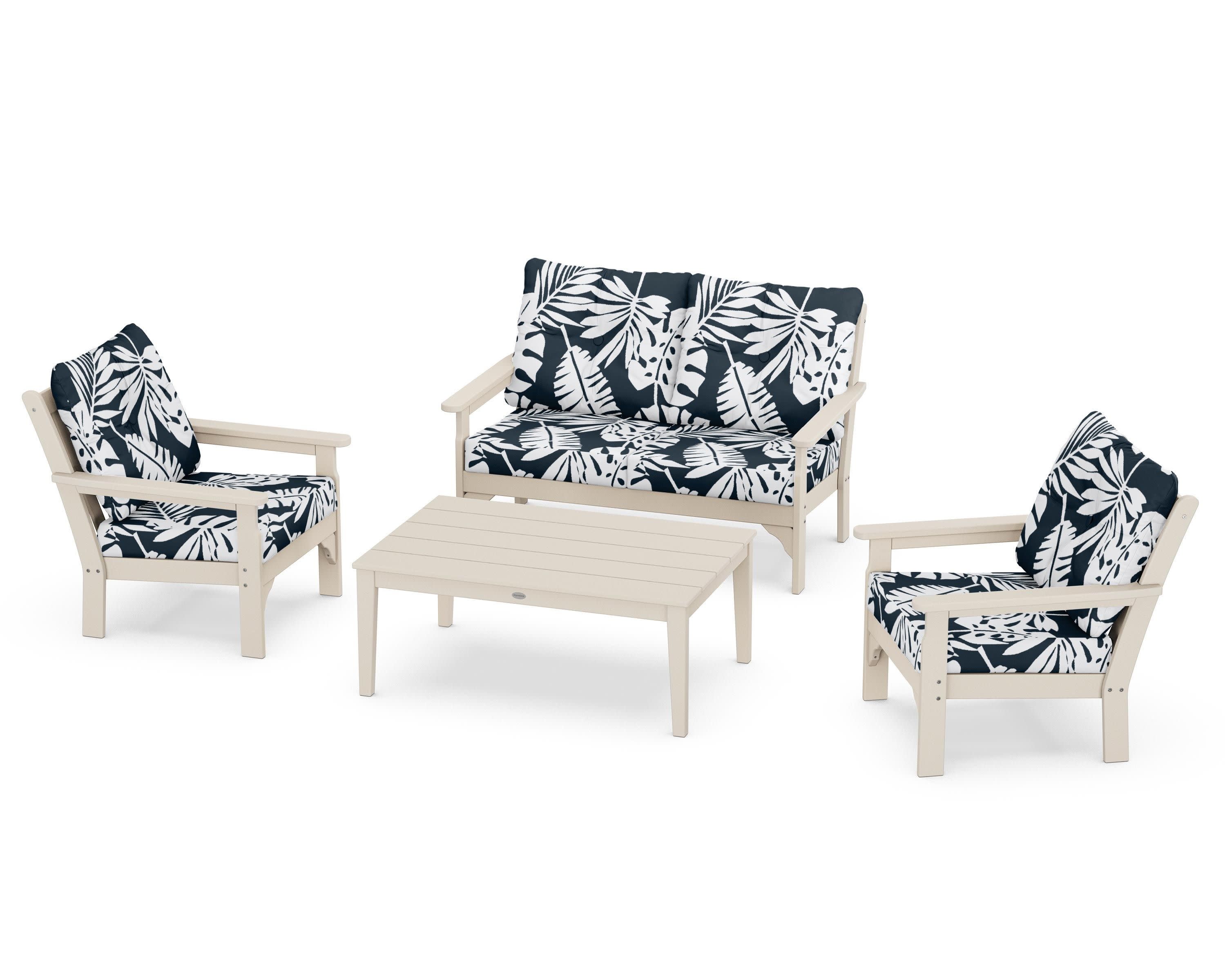 Vineyard 4-Piece Deep Seating Set in Sand / Leaf Marine Indigo