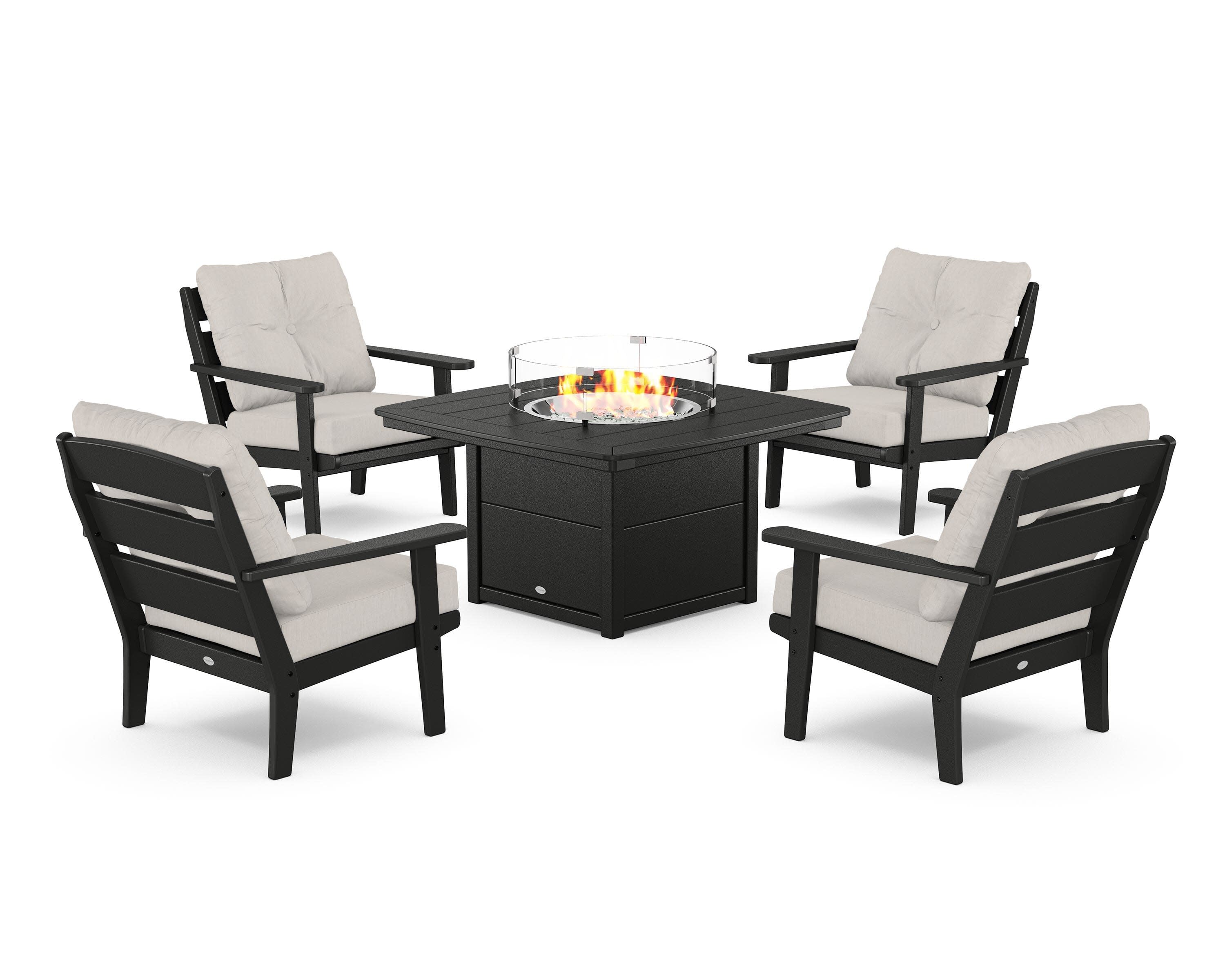Lakeside 5-Piece Deep Seating Set with Nautical Fire Pit Table in Black / Cast Ash