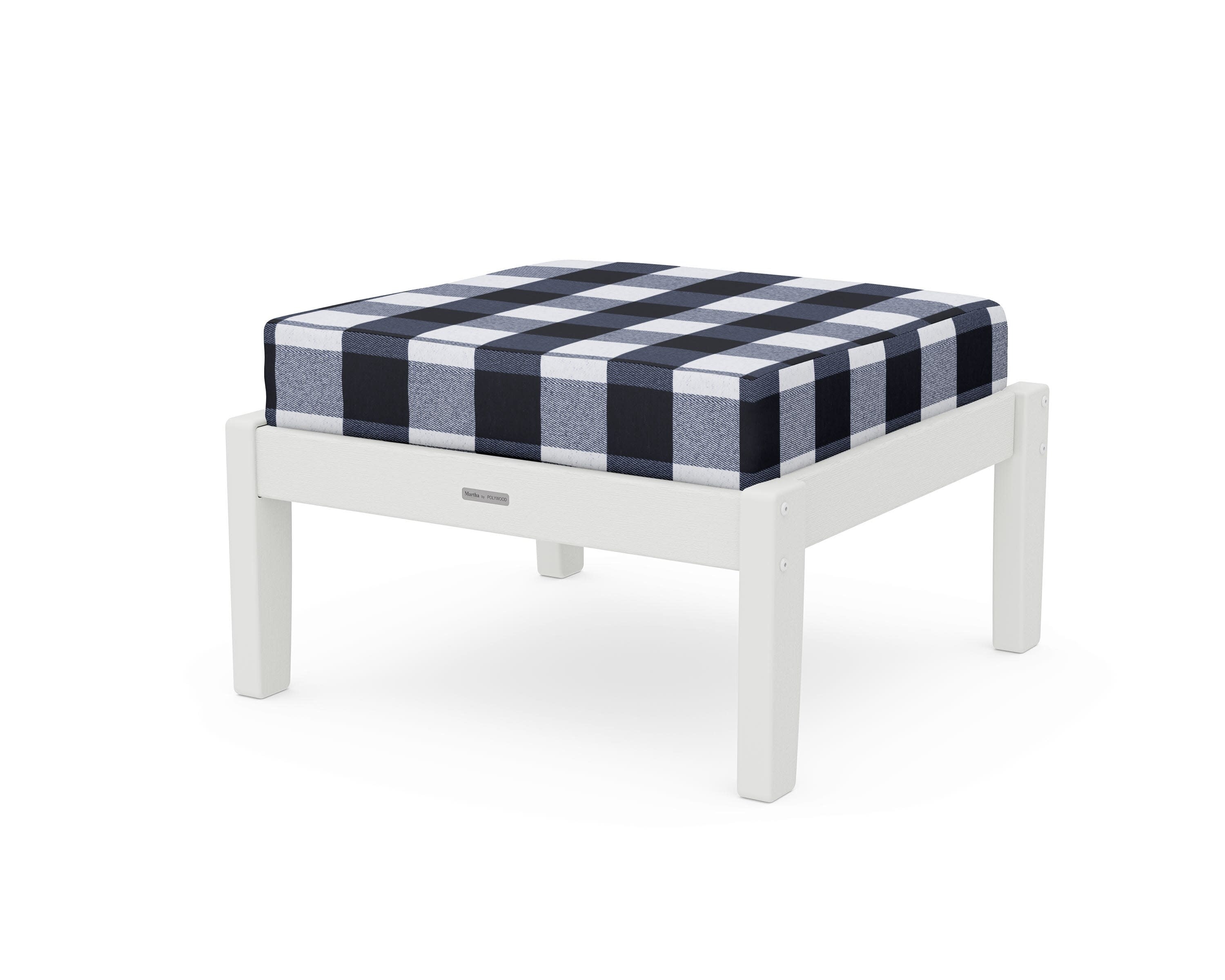 Chinoiserie Deep Seating Ottoman in Vintage White / Buffalo Plaid Marine Indigo