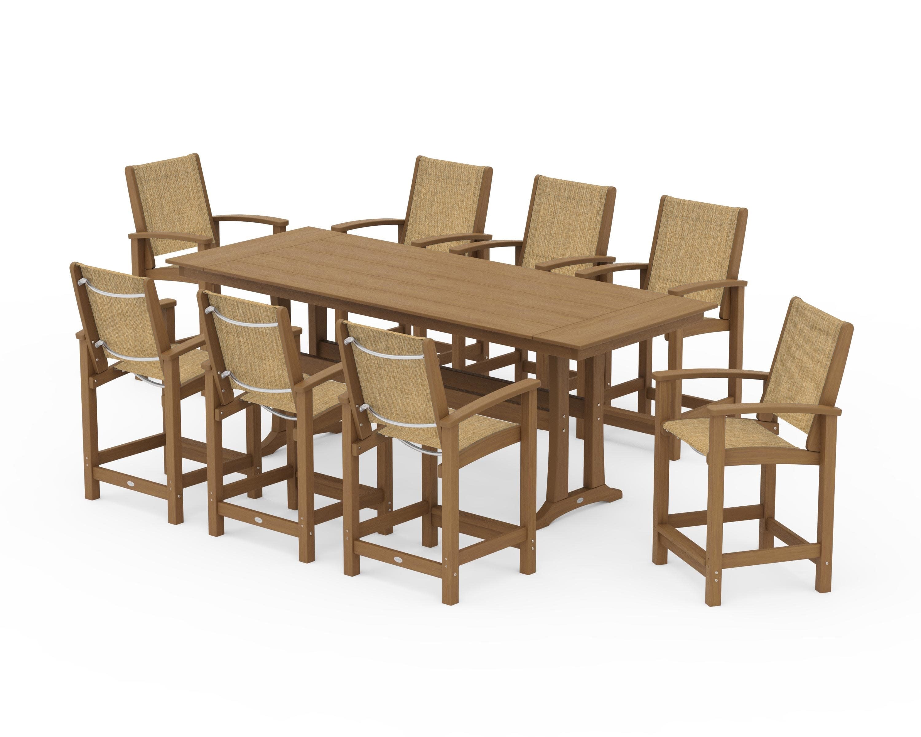 Coastal 9-Piece Farmhouse Counter Set with Trestle Legs in Natural / Burlap Sling