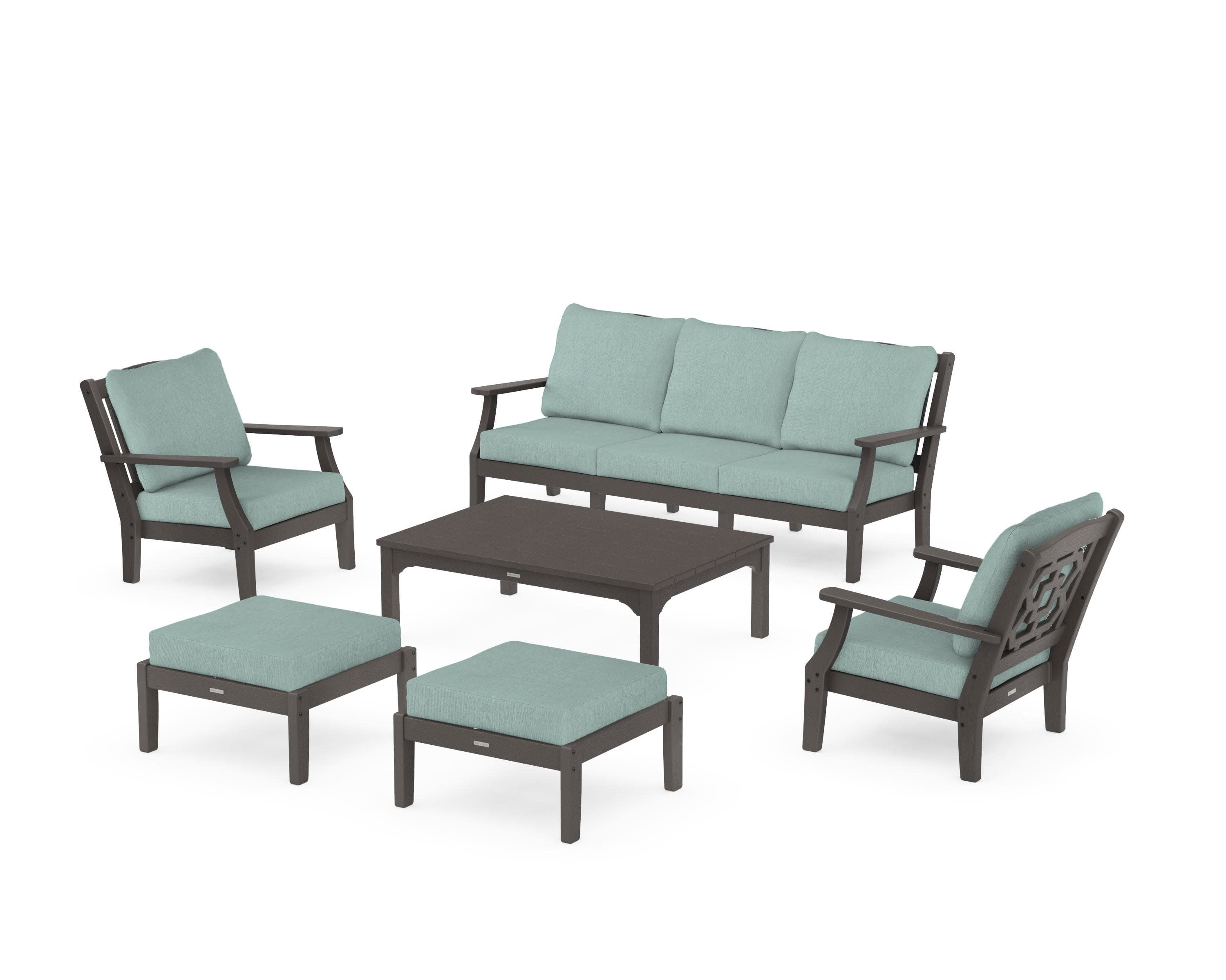 Chinoiserie 6-Piece Lounge Sofa Set in Vintage Coffee / Glacier Spa