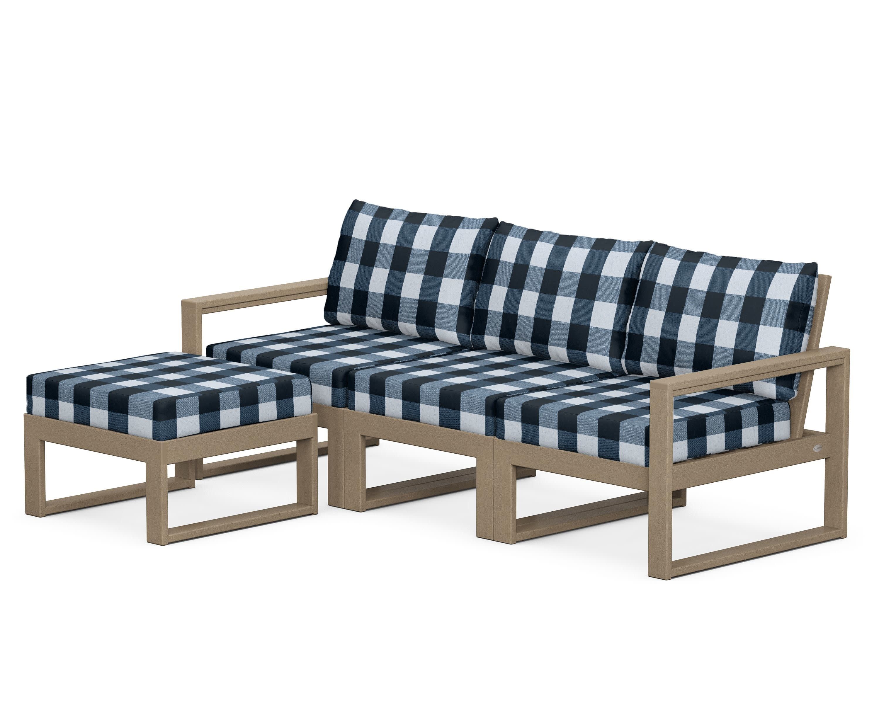 EDGE 4-Piece Modular Deep Seating Set with Ottoman in Vintage Sahara / Buffalo Plaid Marine Indigo