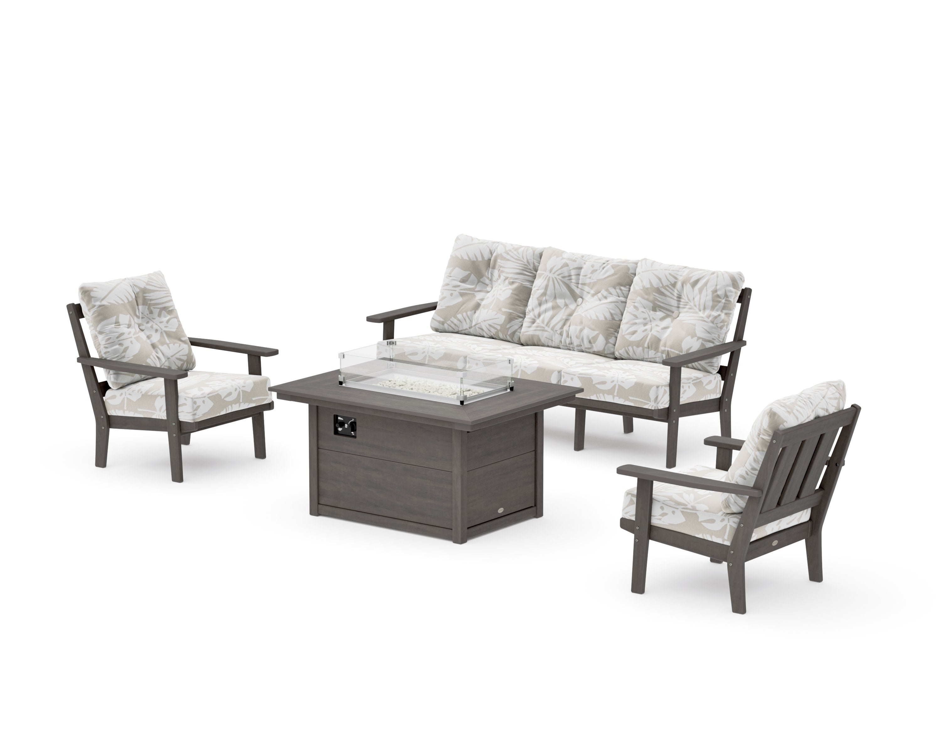 Oxford Deep Seating Fire Pit Table Set in Driftwood / Leaf Dune Burlap