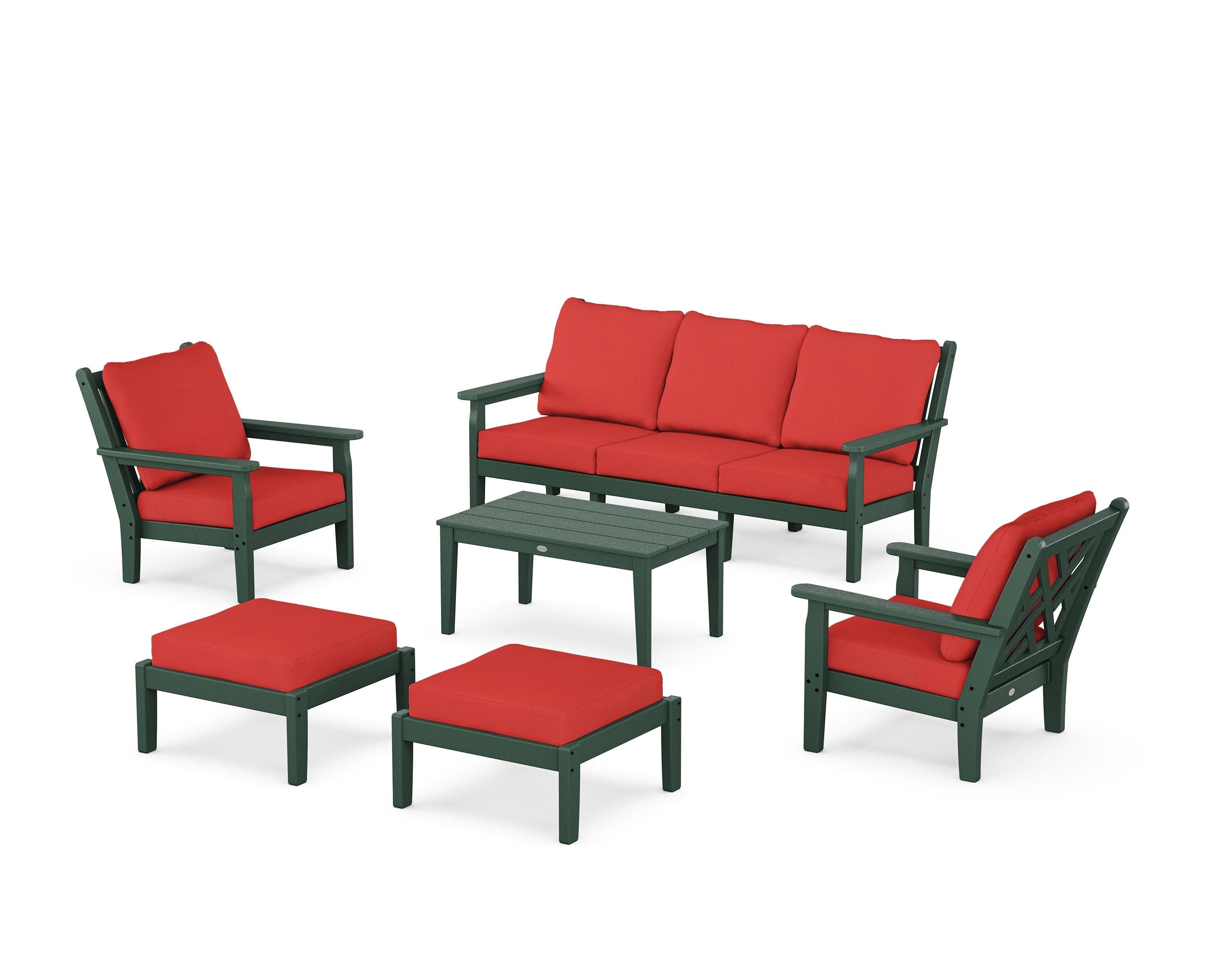 Chippendale 6-Piece Lounge Sofa Set in Green / Crimson Linen